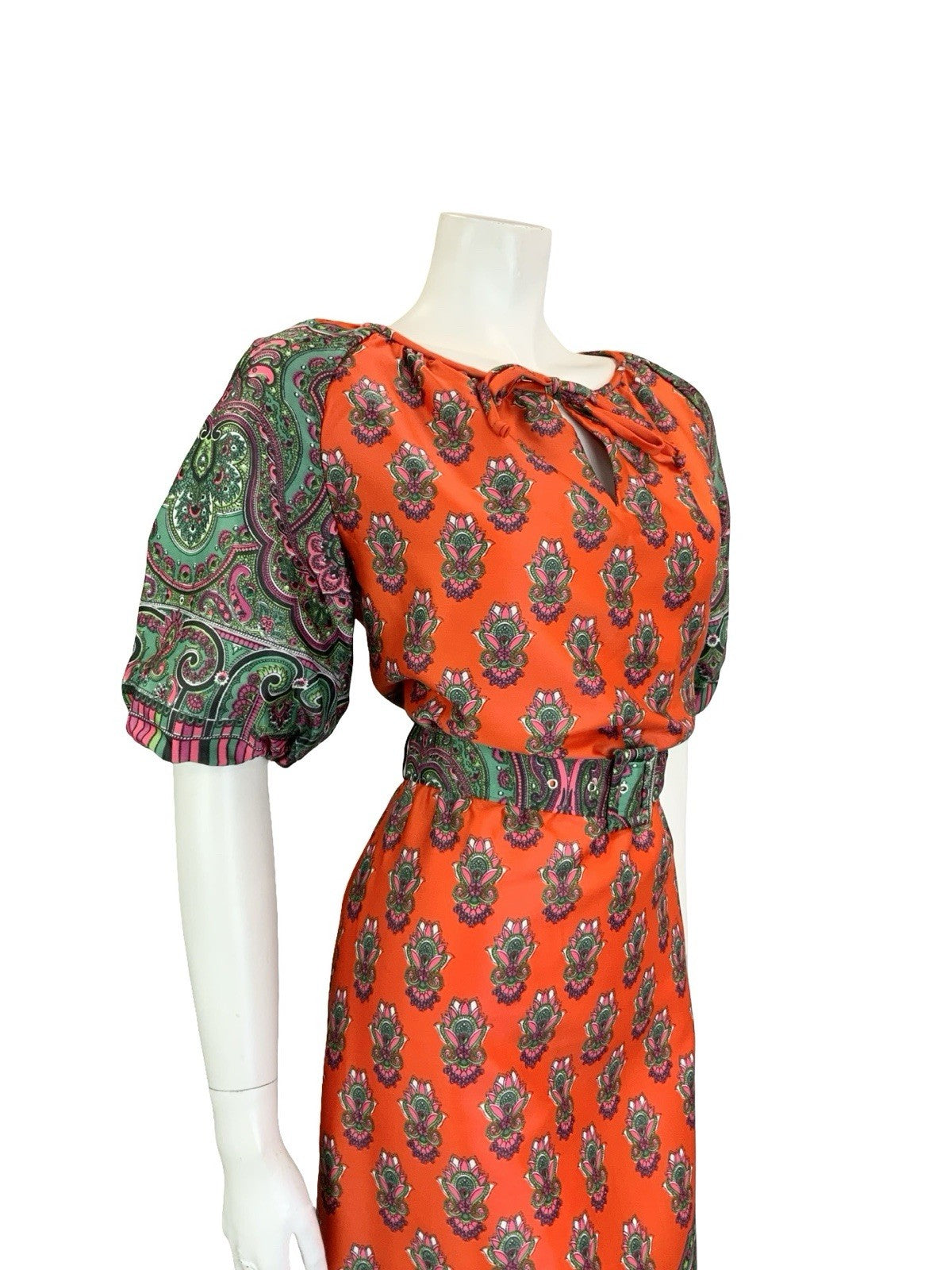 VTG 60S 70S RED GREEN PINK PSYCHEDELIC PAISLEY MANDALA BELTED KEYHOLE DRESS 10