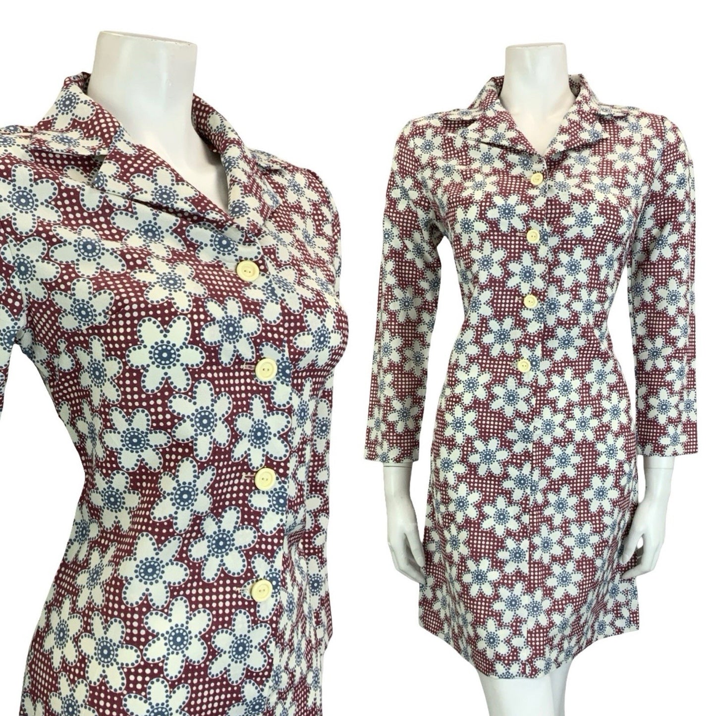 VTG 60S 70S MOD PLUM PURPLE BLUE WHITE GEOMETRIC FLORAL DOTTY SHIRT DRESS 10