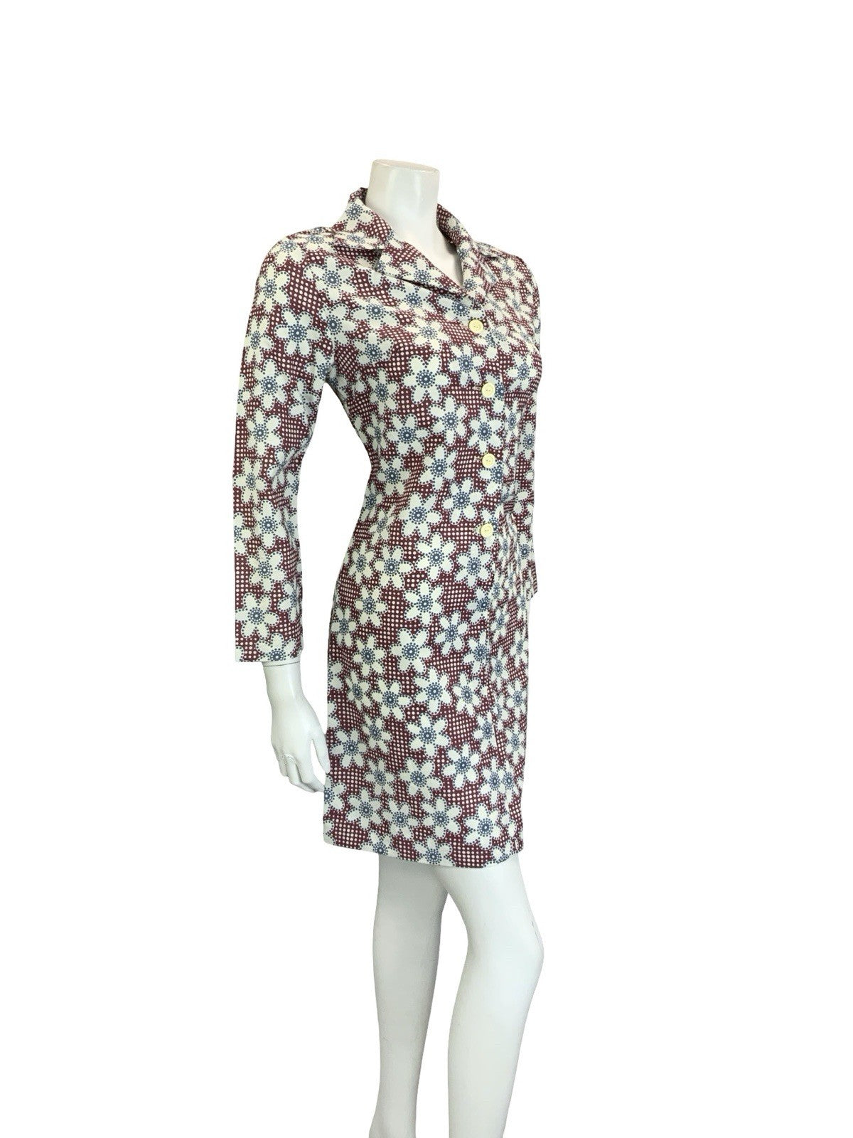 VTG 60S 70S MOD PLUM PURPLE BLUE WHITE GEOMETRIC FLORAL DOTTY SHIRT DRESS 10