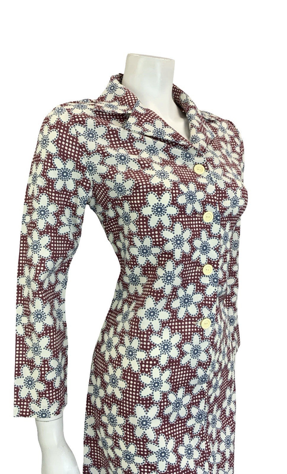 VTG 60S 70S MOD PLUM PURPLE BLUE WHITE GEOMETRIC FLORAL DOTTY SHIRT DRESS 10