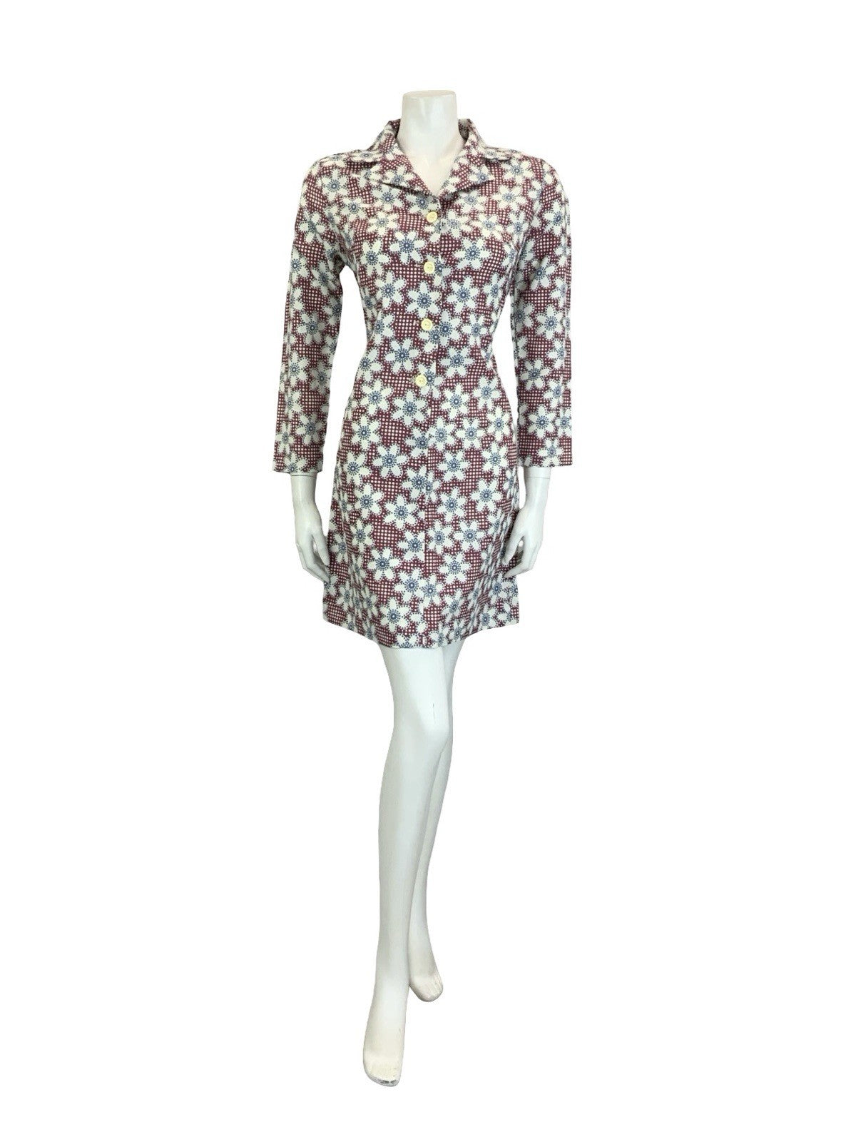 VTG 60S 70S MOD PLUM PURPLE BLUE WHITE GEOMETRIC FLORAL DOTTY SHIRT DRESS 10