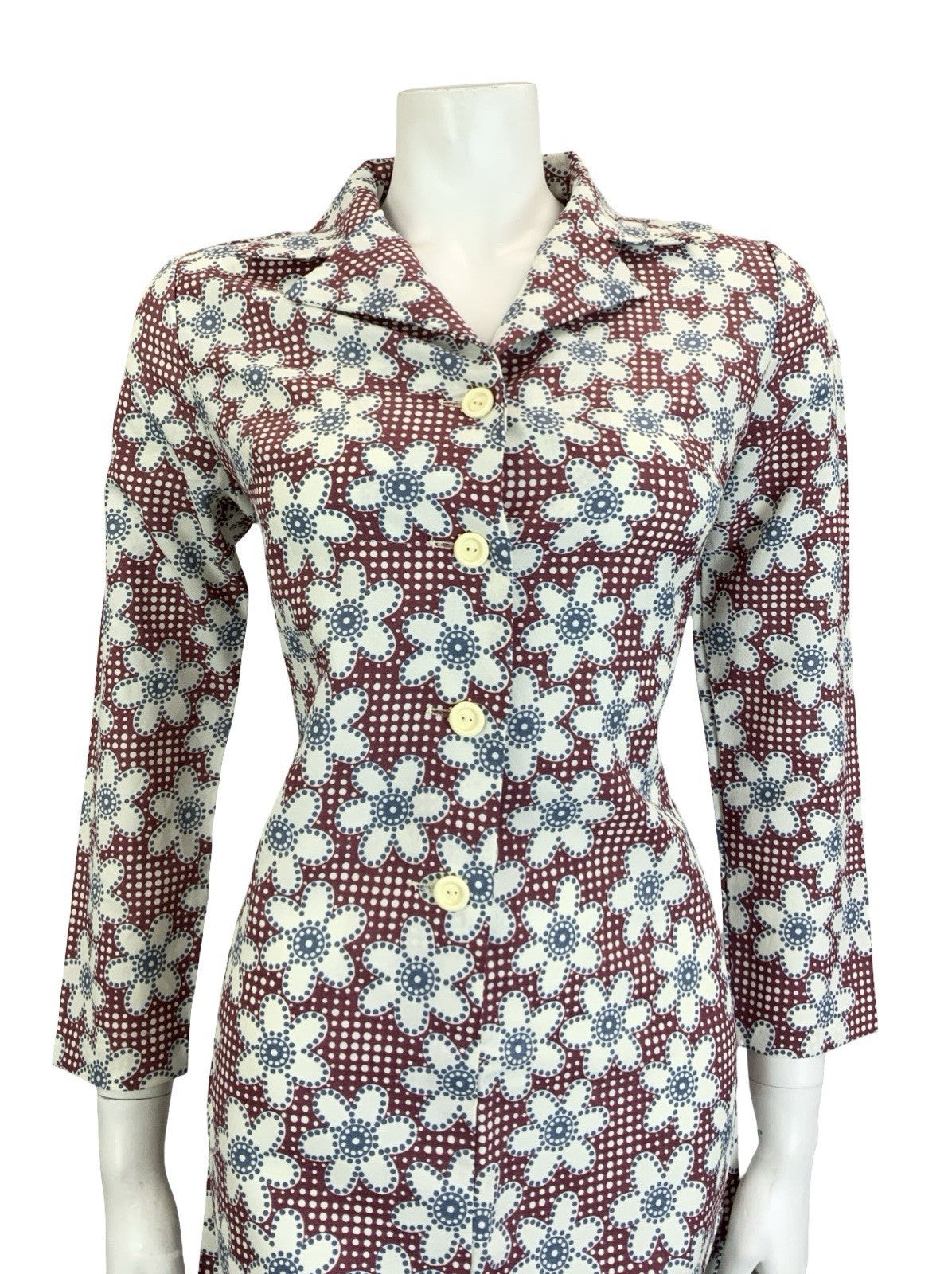 VTG 60S 70S MOD PLUM PURPLE BLUE WHITE GEOMETRIC FLORAL DOTTY SHIRT DRESS 10