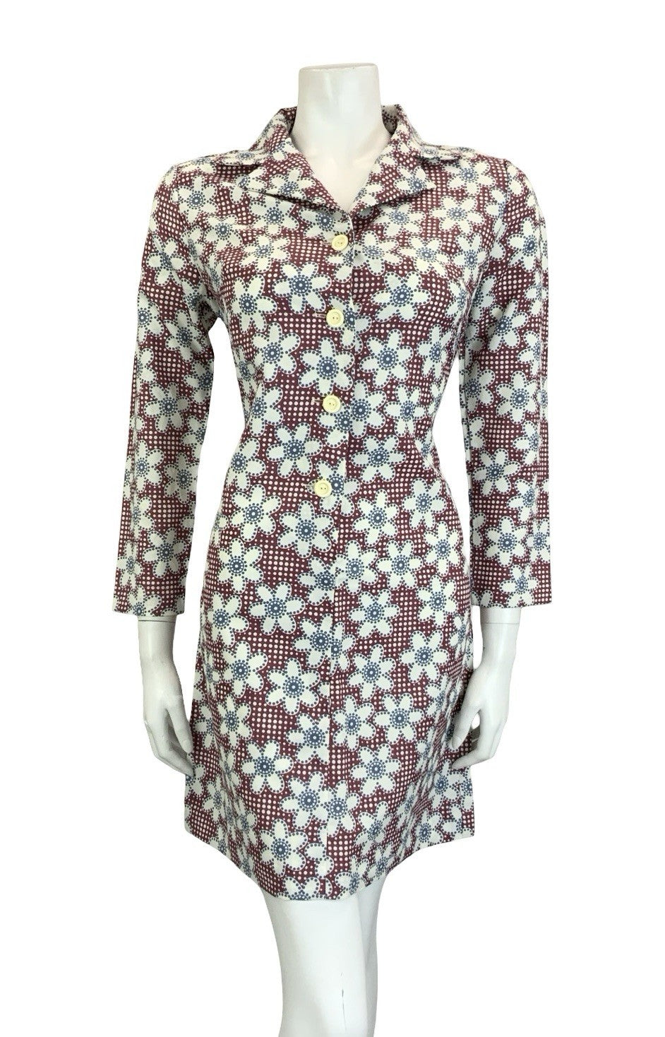 VTG 60S 70S MOD PLUM PURPLE BLUE WHITE GEOMETRIC FLORAL DOTTY SHIRT DRESS 10