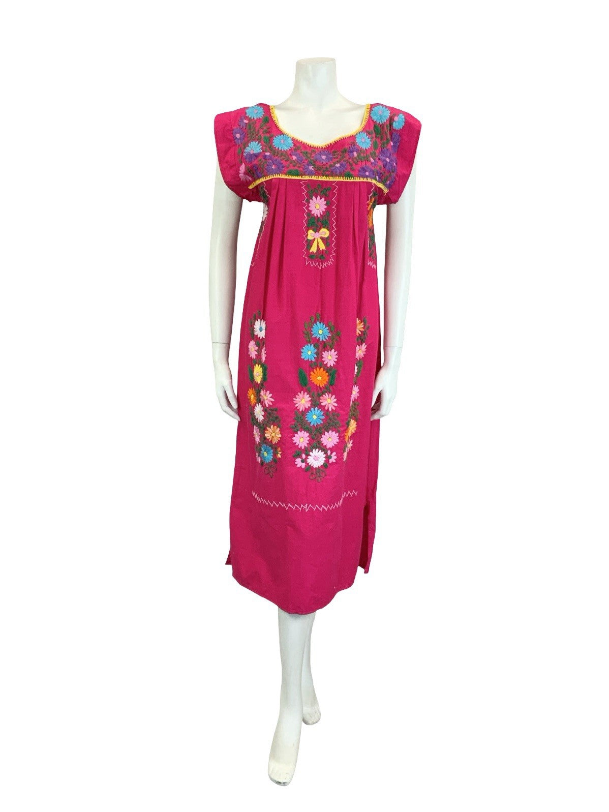 VTG 70S PINK GREEN BLUE YELLOW MEXICAN FOLK EMBROIDERED FLORAL YOKE DRESS 10