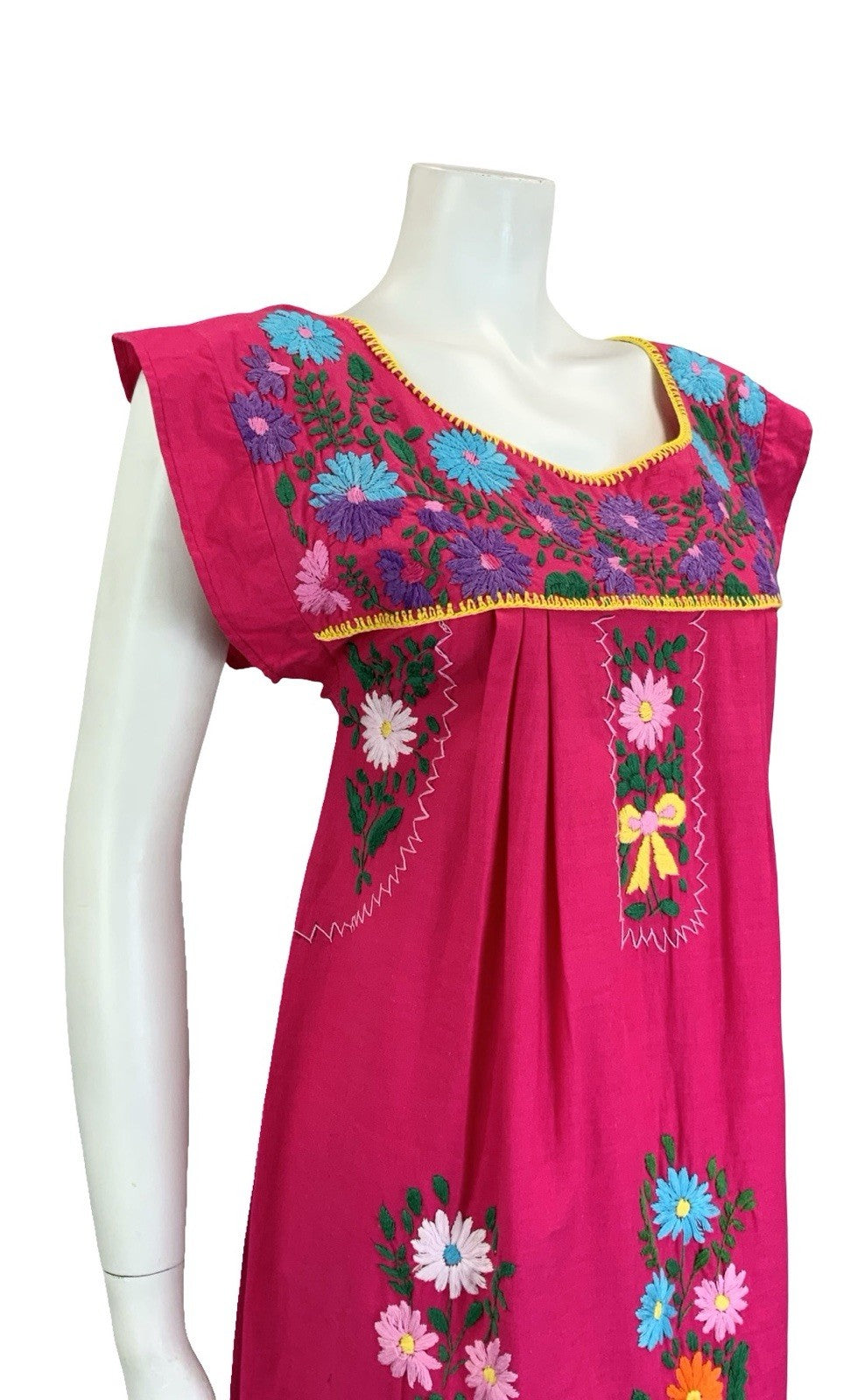 VTG 70S PINK GREEN BLUE YELLOW MEXICAN FOLK EMBROIDERED FLORAL YOKE DRESS 10