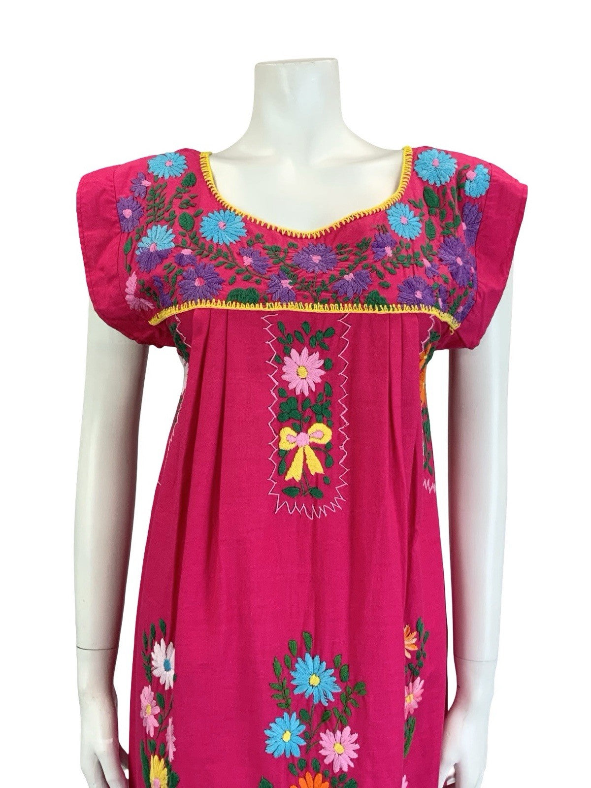 VTG 70S PINK GREEN BLUE YELLOW MEXICAN FOLK EMBROIDERED FLORAL YOKE DRESS 10