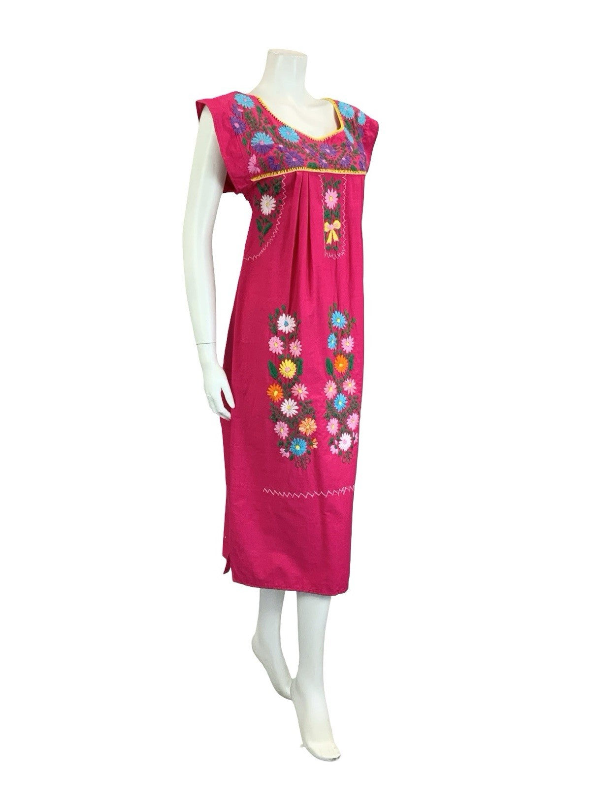 VTG 70S PINK GREEN BLUE YELLOW MEXICAN FOLK EMBROIDERED FLORAL YOKE DRESS 10