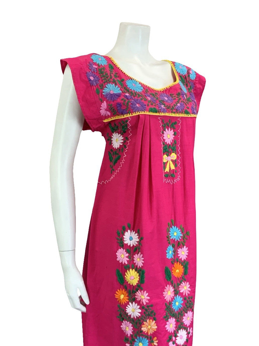 VTG 70S PINK GREEN BLUE YELLOW MEXICAN FOLK EMBROIDERED FLORAL YOKE DRESS 10