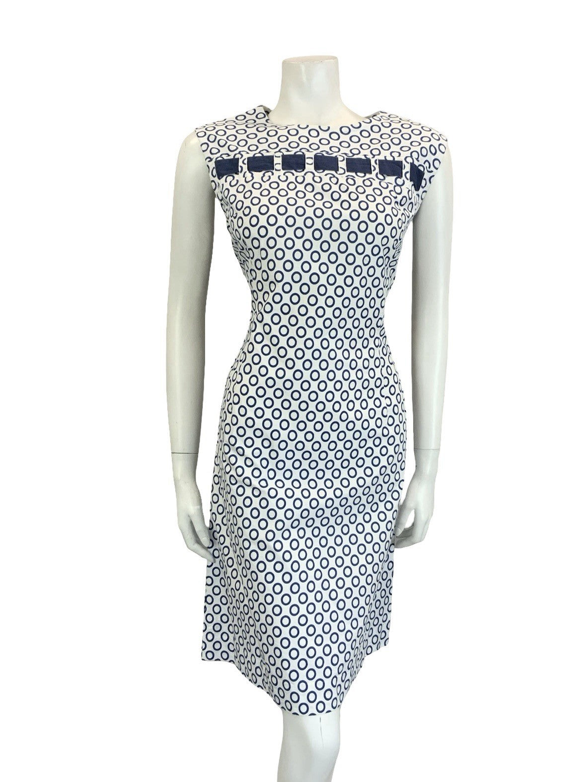 VTG 60S MOD NAVY BLUE WHITE POLKA DOT RING GEOMETRIC COTTON DRESS 14