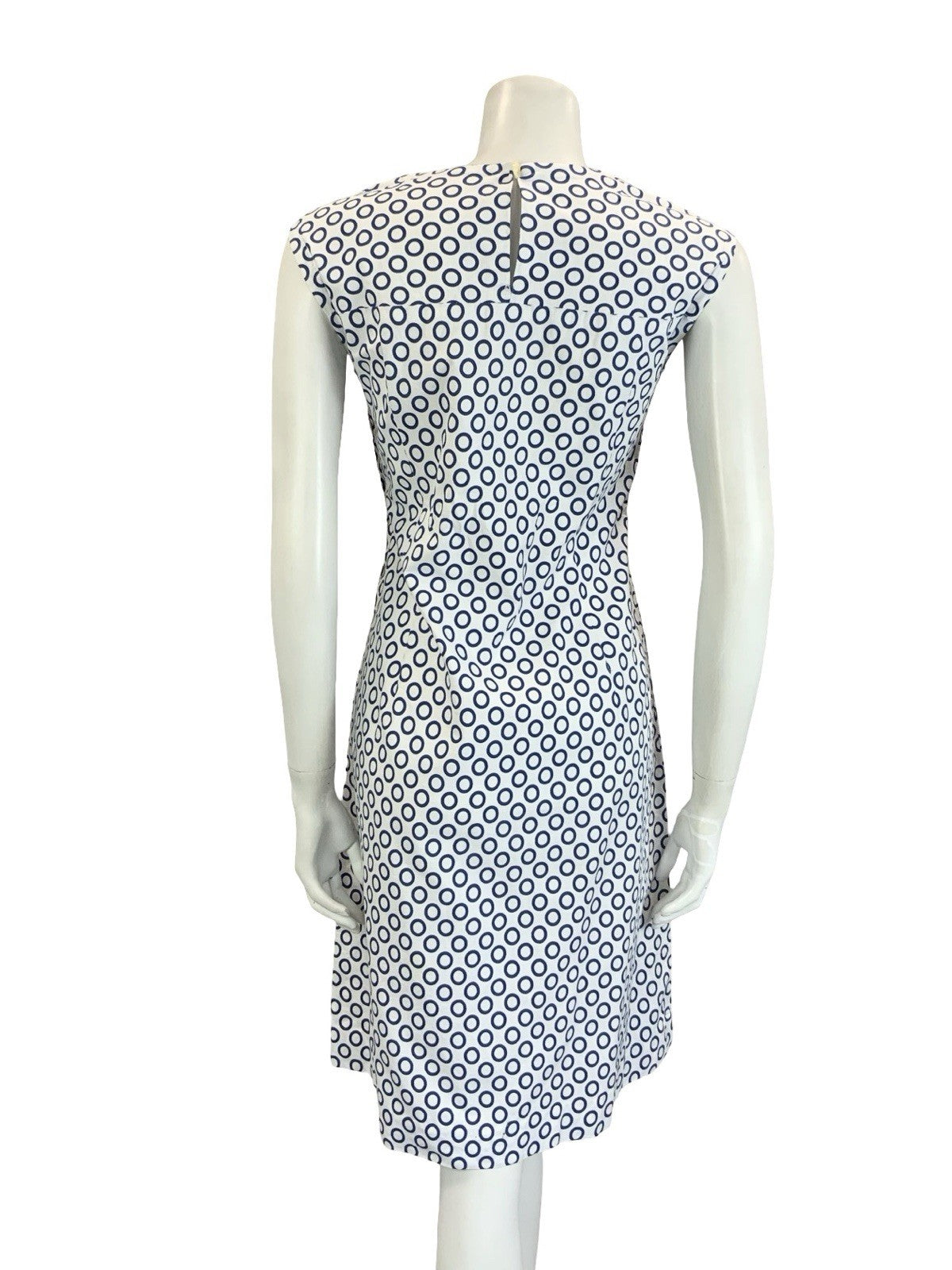 VTG 60S MOD NAVY BLUE WHITE POLKA DOT RING GEOMETRIC COTTON DRESS 14