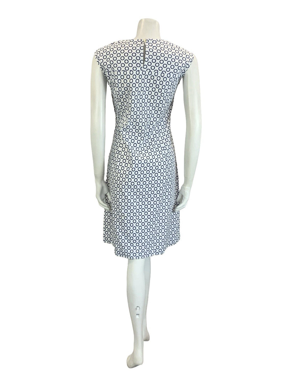 VTG 60S MOD NAVY BLUE WHITE POLKA DOT RING GEOMETRIC COTTON DRESS 14