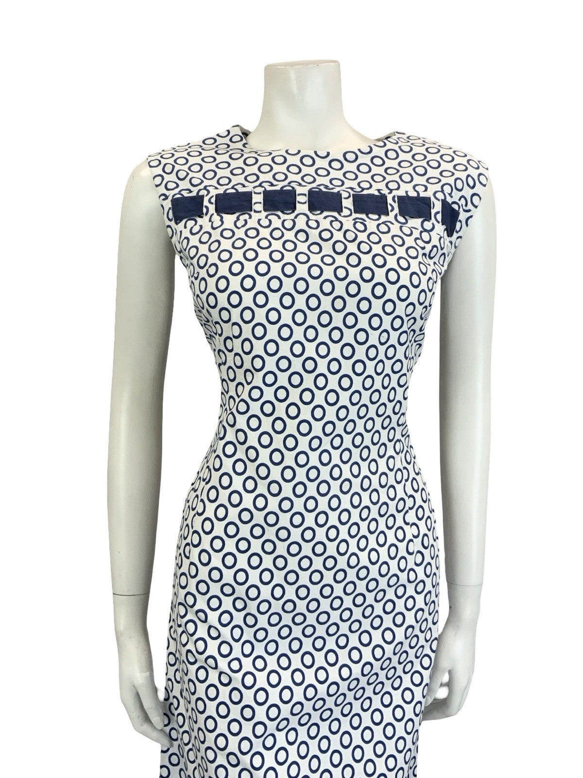 VTG 60S MOD NAVY BLUE WHITE POLKA DOT RING GEOMETRIC COTTON DRESS 14