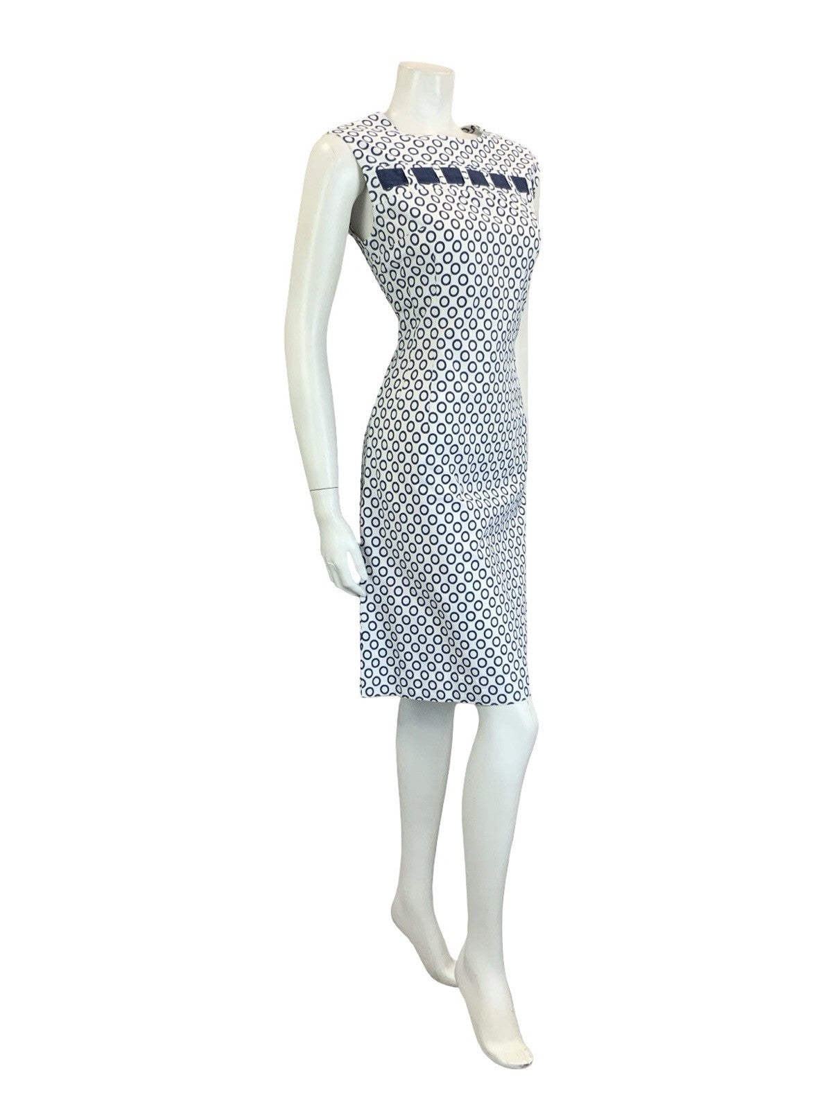VTG 60S MOD NAVY BLUE WHITE POLKA DOT RING GEOMETRIC COTTON DRESS 14