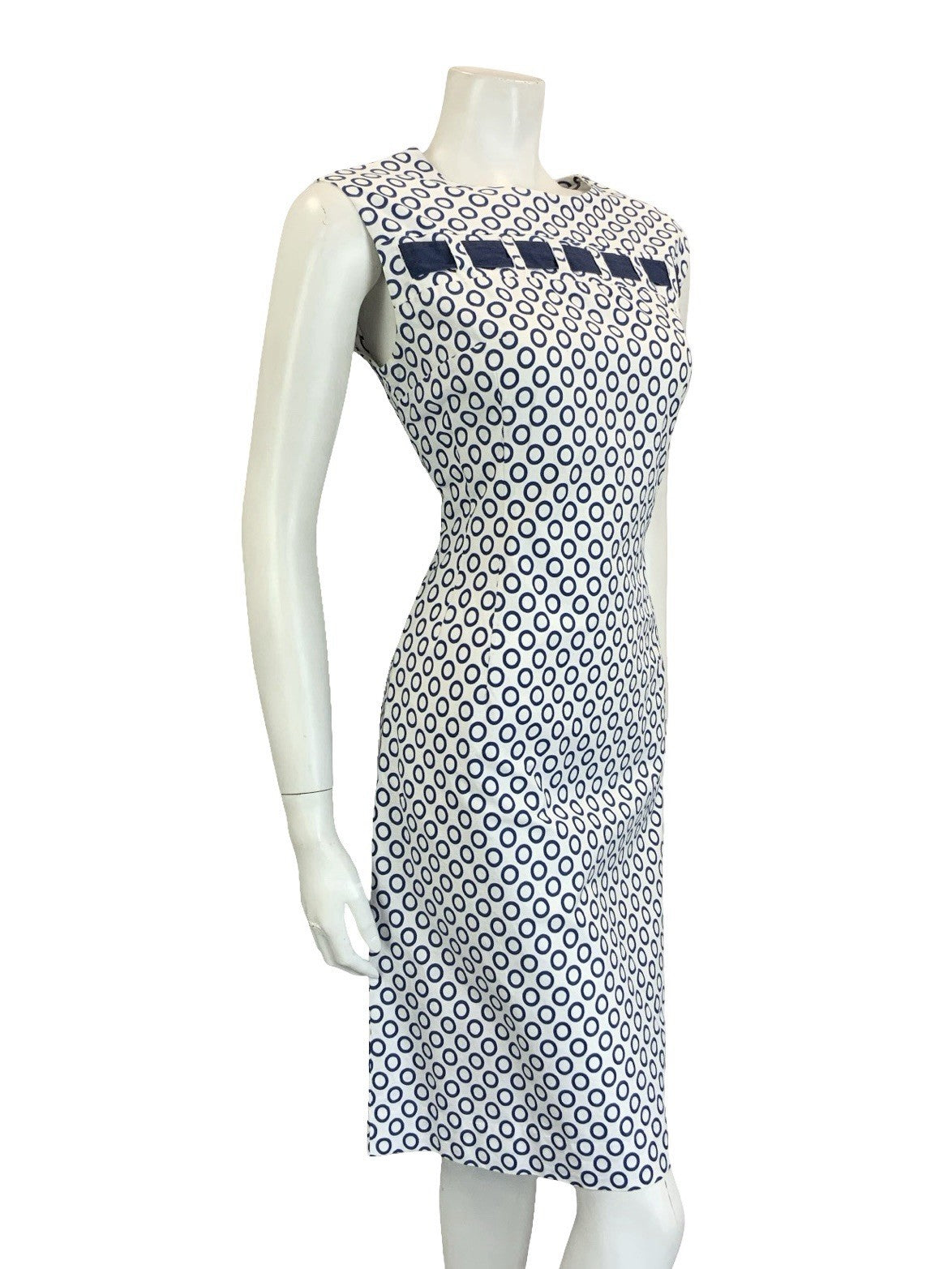 VTG 60S MOD NAVY BLUE WHITE POLKA DOT RING GEOMETRIC COTTON DRESS 14