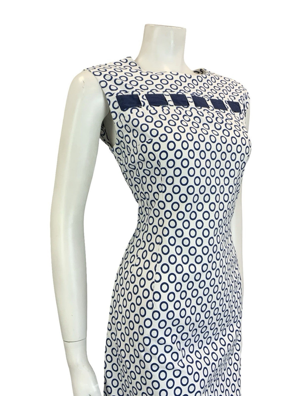 VTG 60S MOD NAVY BLUE WHITE POLKA DOT RING GEOMETRIC COTTON DRESS 14