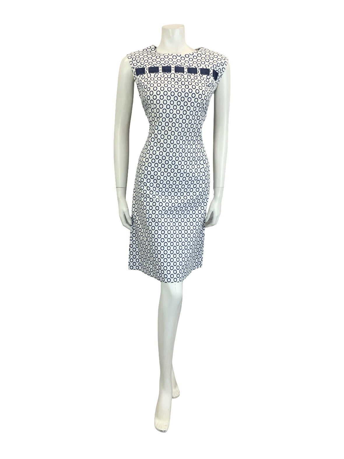 VTG 60S MOD NAVY BLUE WHITE POLKA DOT RING GEOMETRIC COTTON DRESS 14
