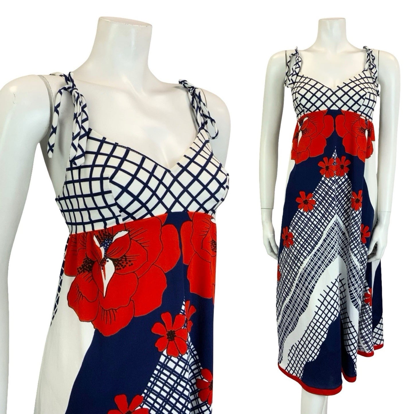 VTG 60S 70S WHITE BLUE RED FLORAL GRID CHEVRON GEOMETRIC STRAPPY EMPIRE DRESS 12