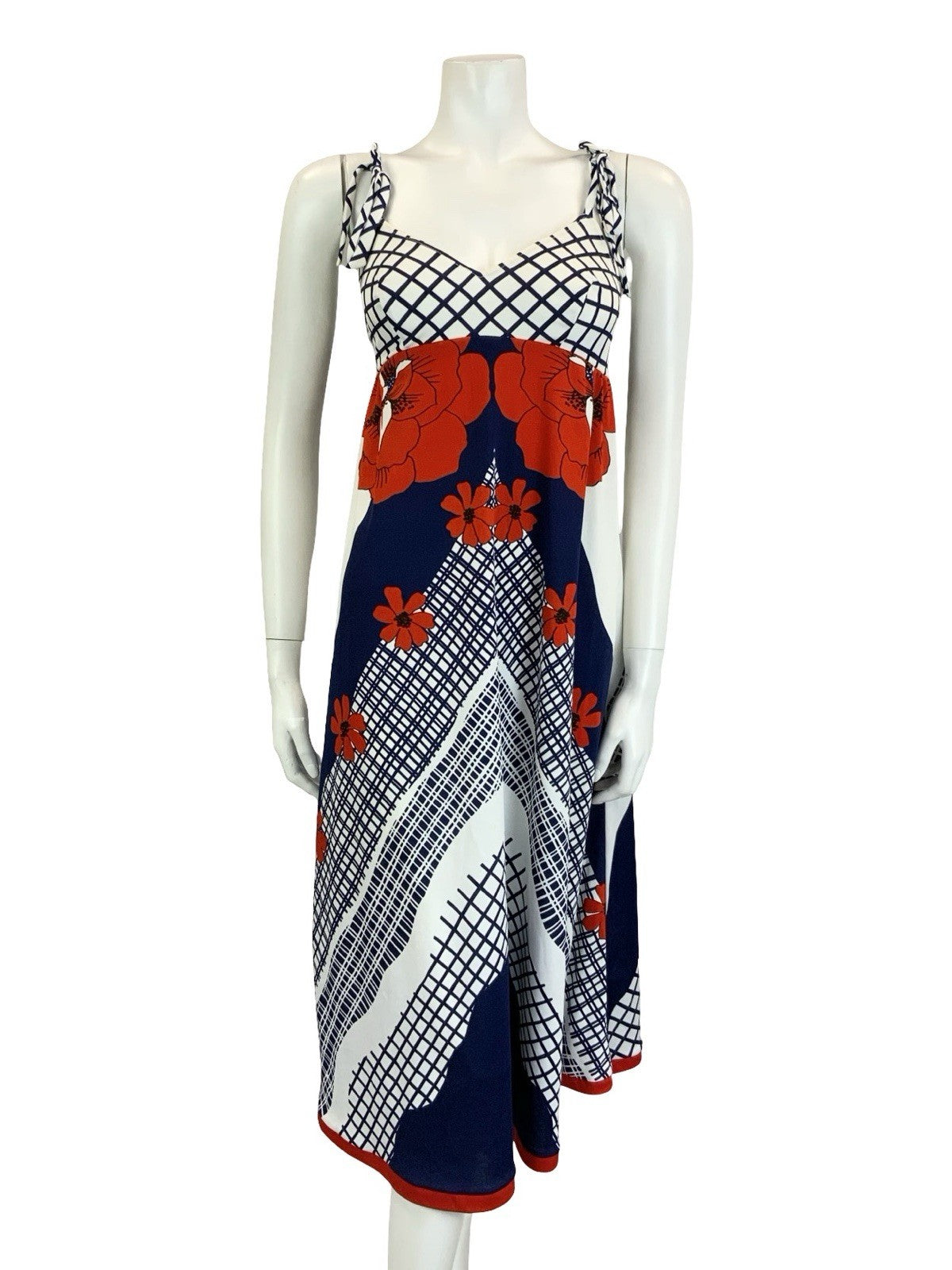 VTG 60S 70S WHITE BLUE RED FLORAL GRID CHEVRON GEOMETRIC STRAPPY EMPIRE DRESS 12