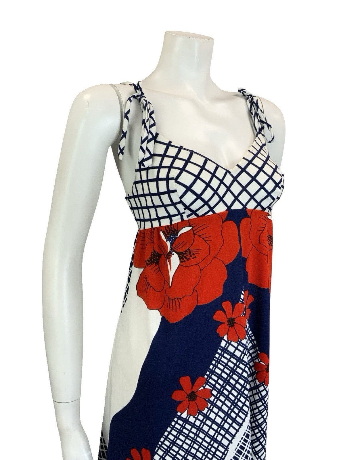 VTG 60S 70S WHITE BLUE RED FLORAL GRID CHEVRON GEOMETRIC STRAPPY EMPIRE DRESS 12