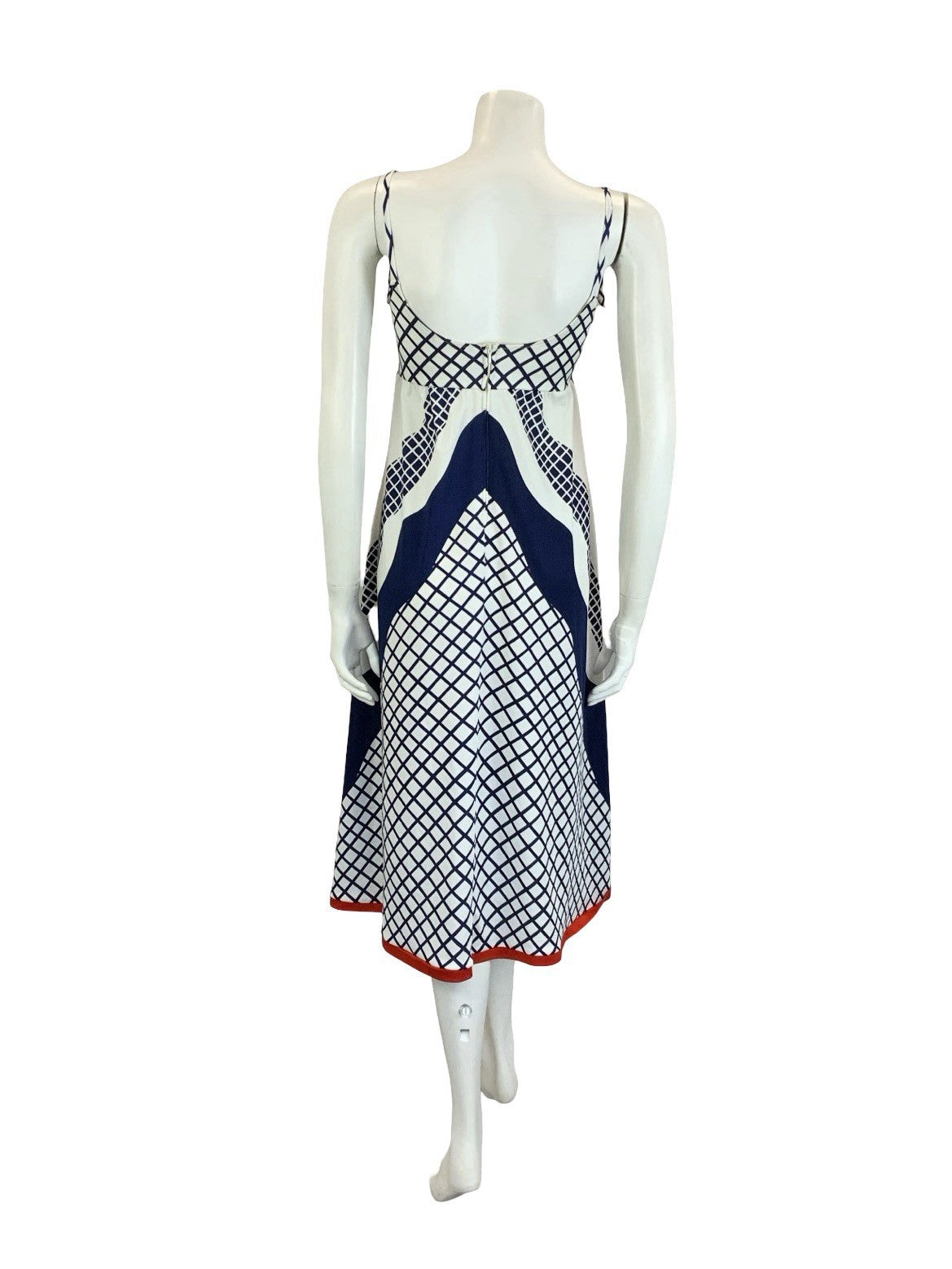 VTG 60S 70S WHITE BLUE RED FLORAL GRID CHEVRON GEOMETRIC STRAPPY EMPIRE DRESS 12