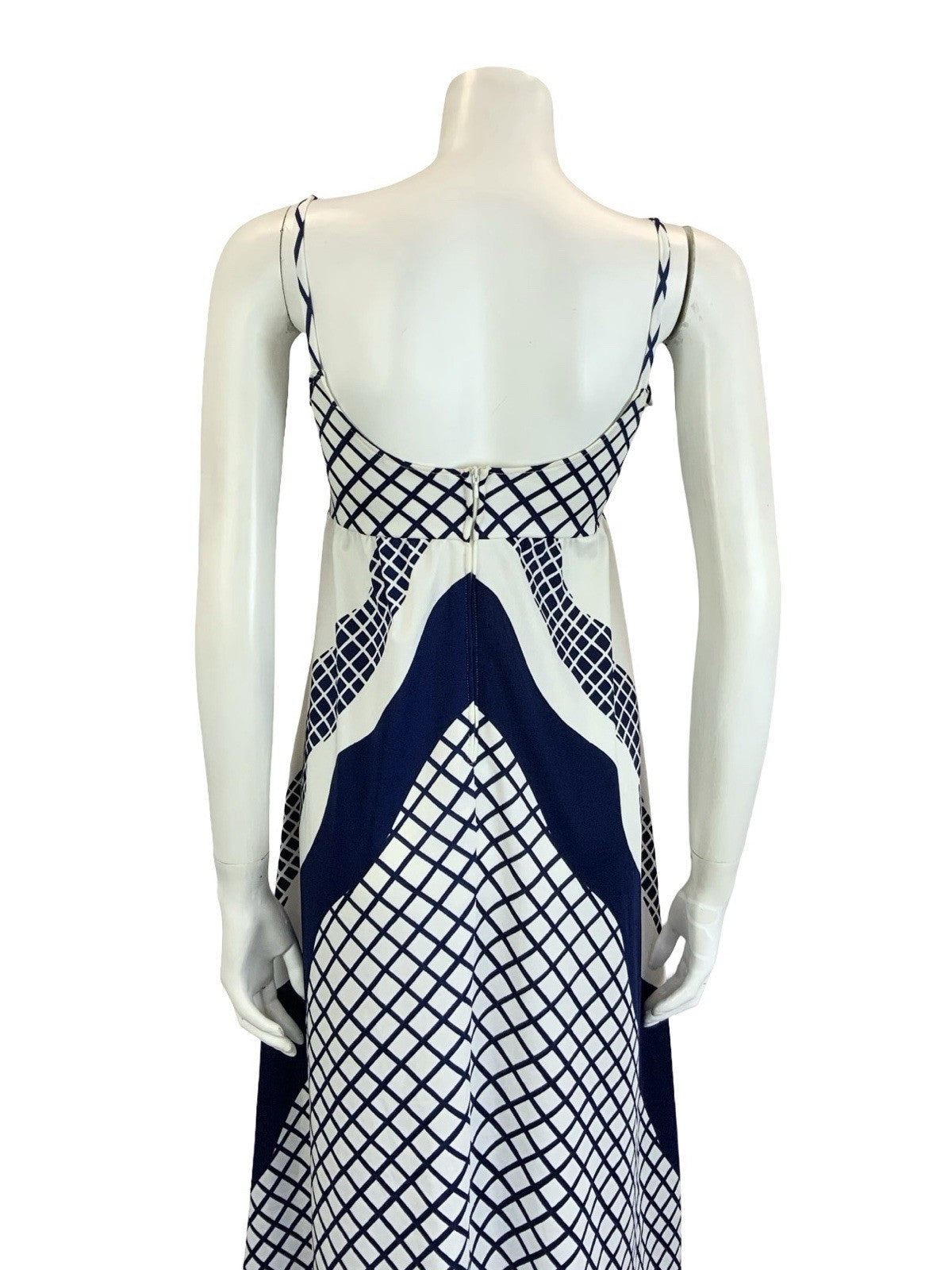 VTG 60S 70S WHITE BLUE RED FLORAL GRID CHEVRON GEOMETRIC STRAPPY EMPIRE DRESS 12