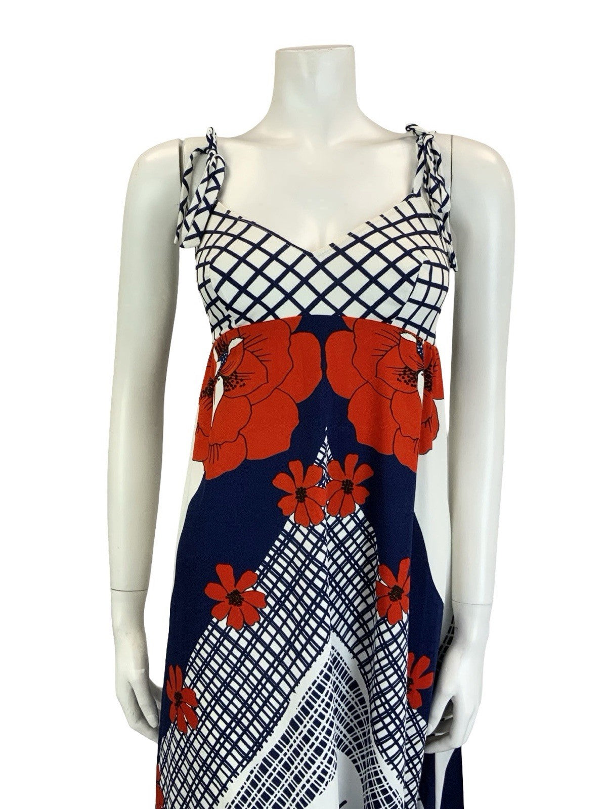 VTG 60S 70S WHITE BLUE RED FLORAL GRID CHEVRON GEOMETRIC STRAPPY EMPIRE DRESS 12