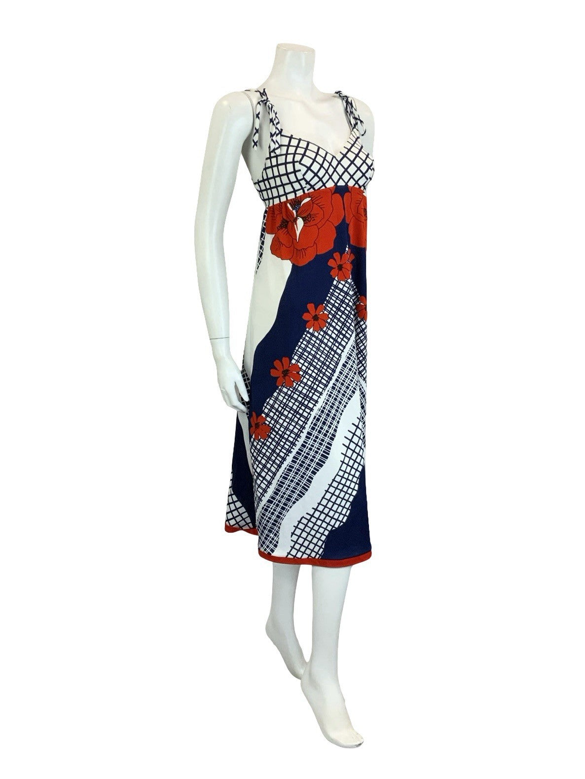 VTG 60S 70S WHITE BLUE RED FLORAL GRID CHEVRON GEOMETRIC STRAPPY EMPIRE DRESS 12