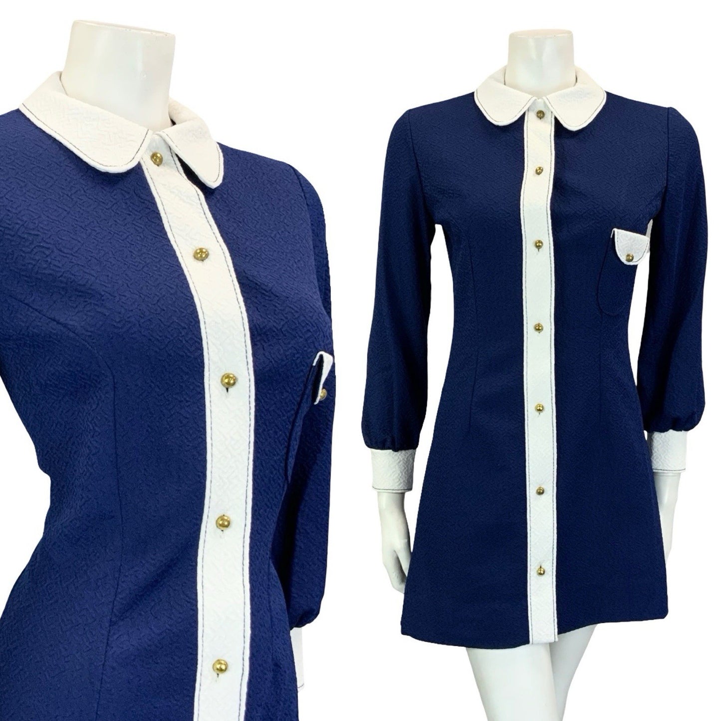 VTG 60S NAVY BLUE WHITE MOD SCOOTER COLOUR BLOCK ROUND COLLAR SHIRT DRESS 8