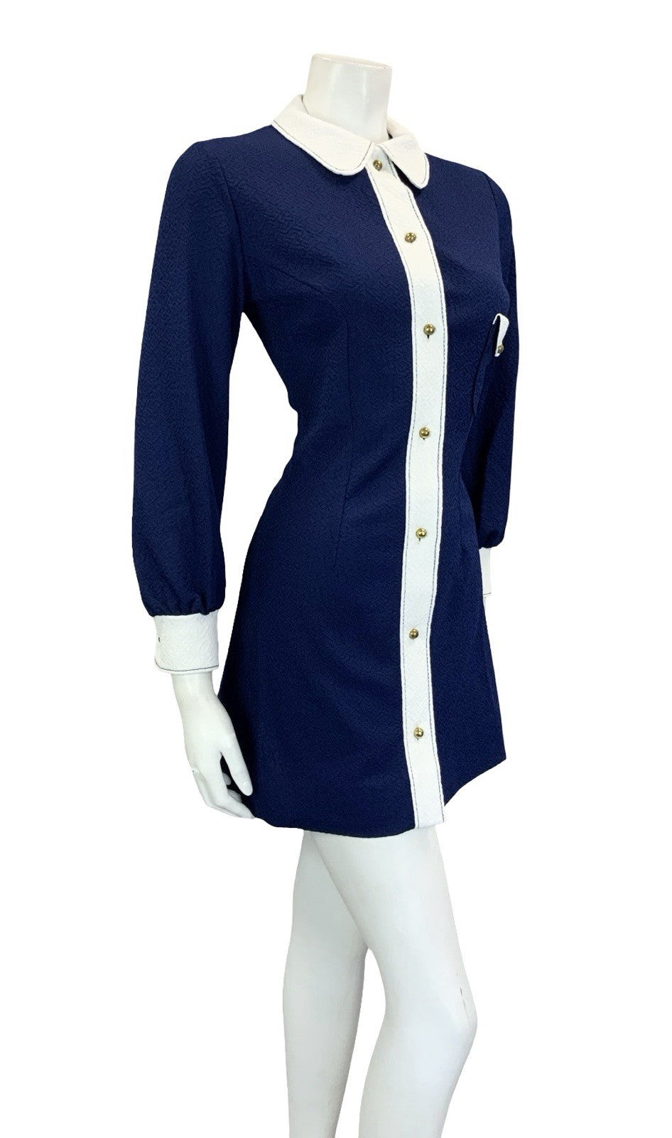 VTG 60S NAVY BLUE WHITE MOD SCOOTER COLOUR BLOCK ROUND COLLAR SHIRT DRESS 8