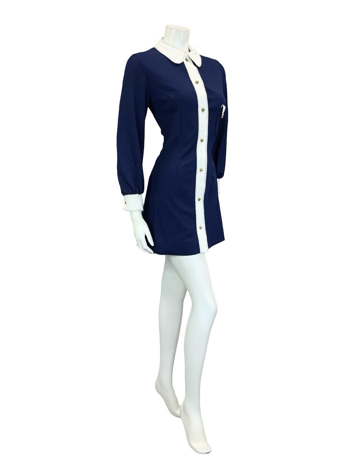 VTG 60S NAVY BLUE WHITE MOD SCOOTER COLOUR BLOCK ROUND COLLAR SHIRT DRESS 8