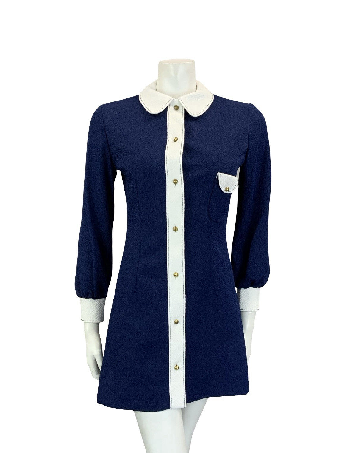 VTG 60S NAVY BLUE WHITE MOD SCOOTER COLOUR BLOCK ROUND COLLAR SHIRT DRESS 8