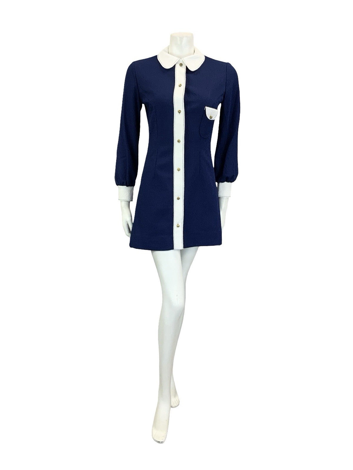 VTG 60S NAVY BLUE WHITE MOD SCOOTER COLOUR BLOCK ROUND COLLAR SHIRT DRESS 8