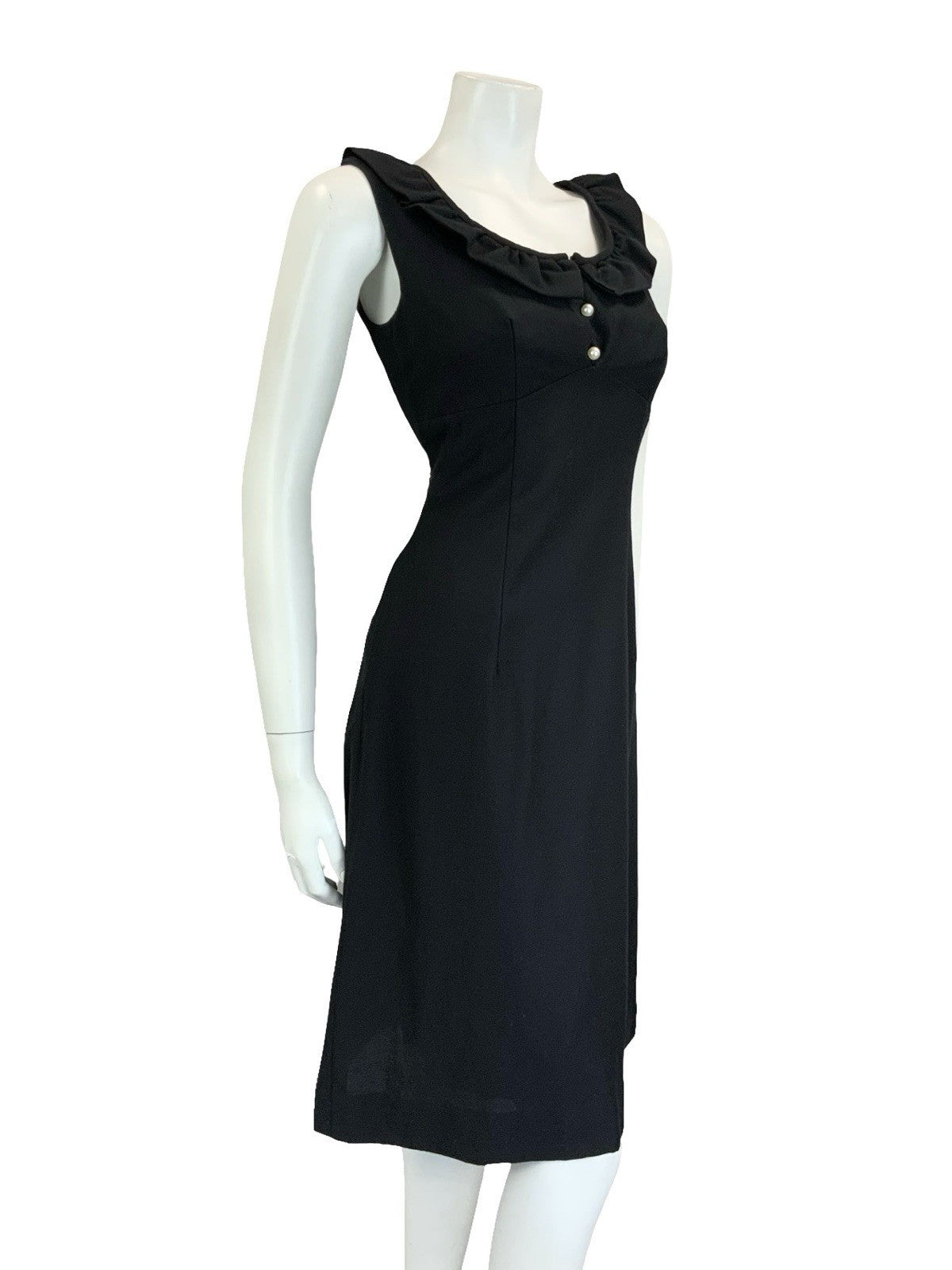 VTG 60S 70S MOD SCOOP RUFFLE NECK EMPIRE SLEEVELESS MIDI LITTLE BLACK DRESS 12