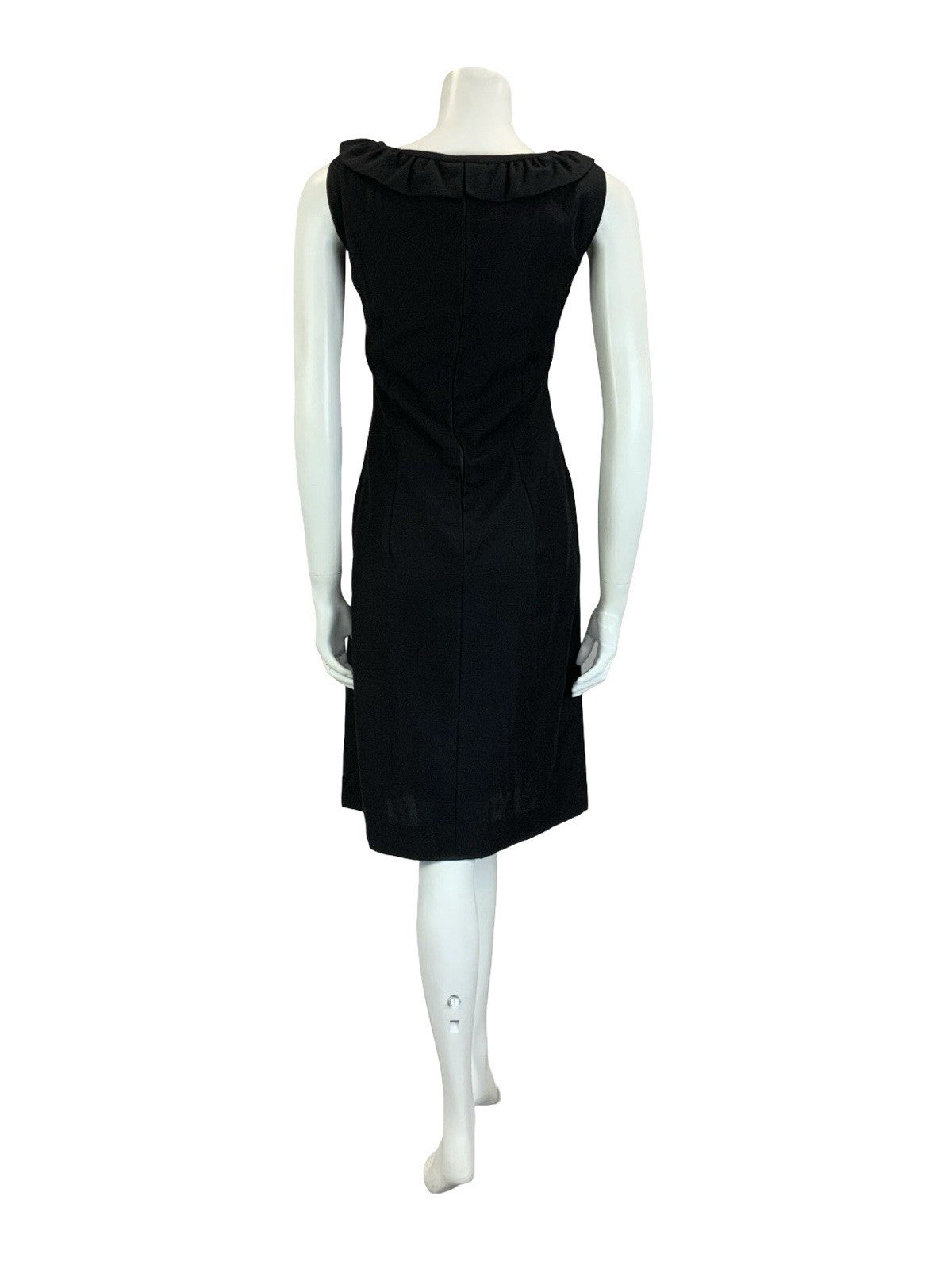 VTG 60S 70S MOD SCOOP RUFFLE NECK EMPIRE SLEEVELESS MIDI LITTLE BLACK DRESS 12