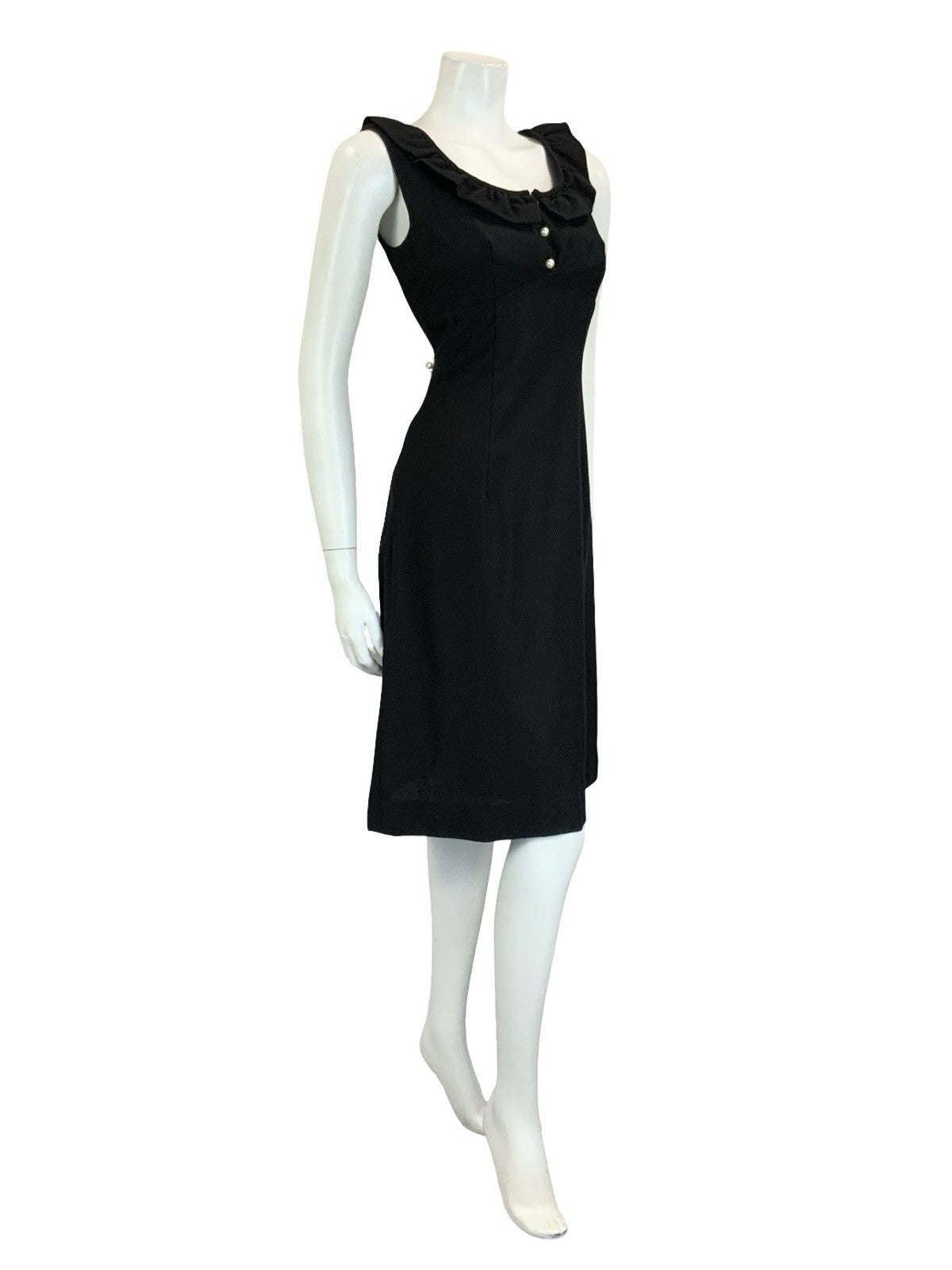 VTG 60S 70S MOD SCOOP RUFFLE NECK EMPIRE SLEEVELESS MIDI LITTLE BLACK DRESS 12