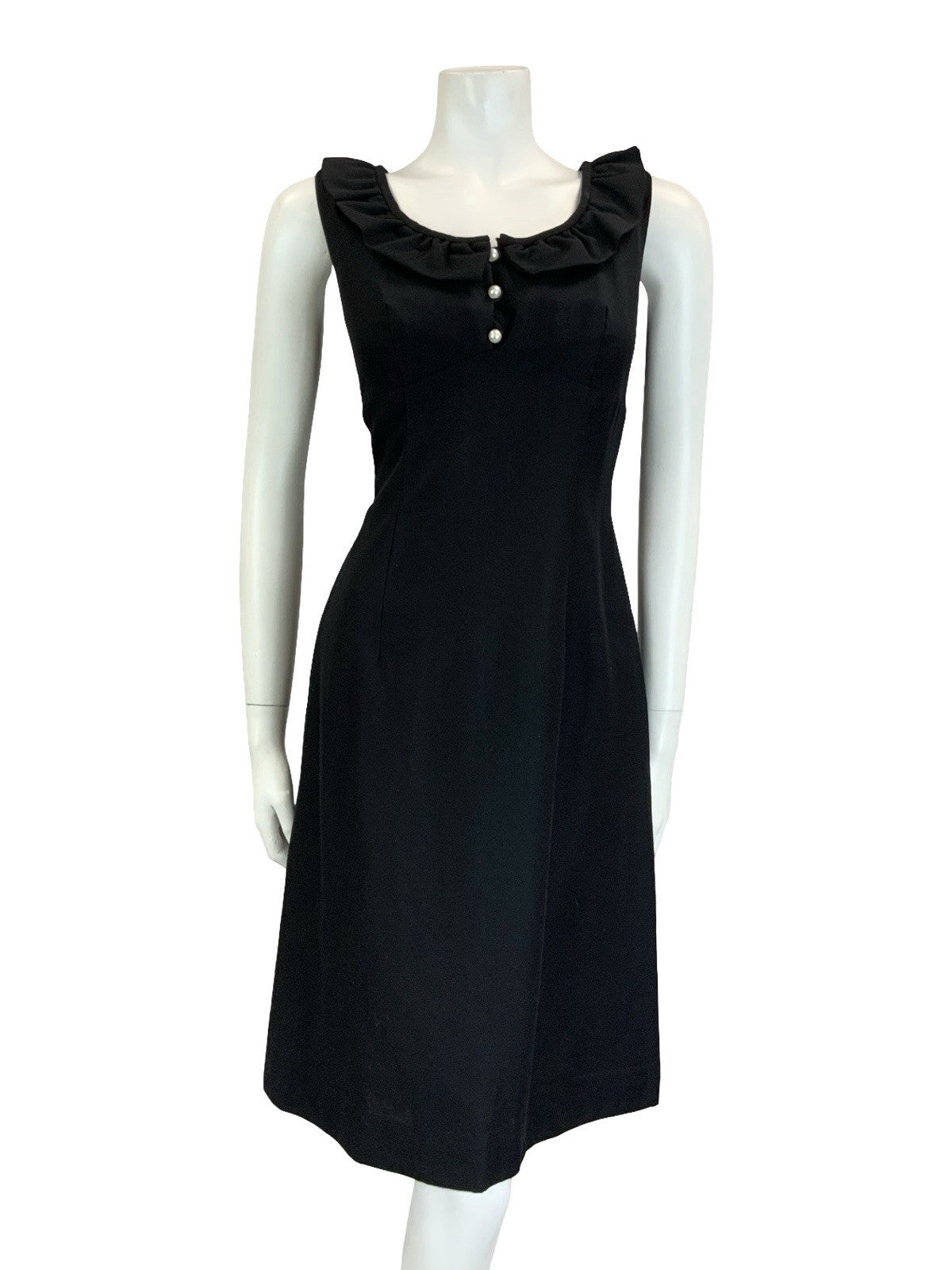 VTG 60S 70S MOD SCOOP RUFFLE NECK EMPIRE SLEEVELESS MIDI LITTLE BLACK DRESS 12