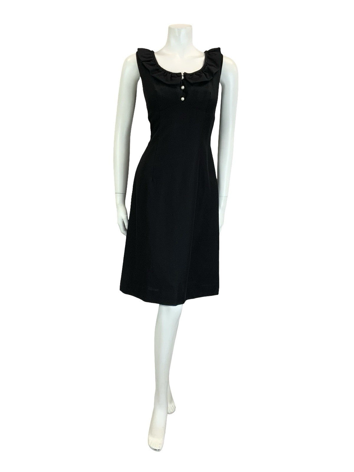 VTG 60S 70S MOD SCOOP RUFFLE NECK EMPIRE SLEEVELESS MIDI LITTLE BLACK DRESS 12