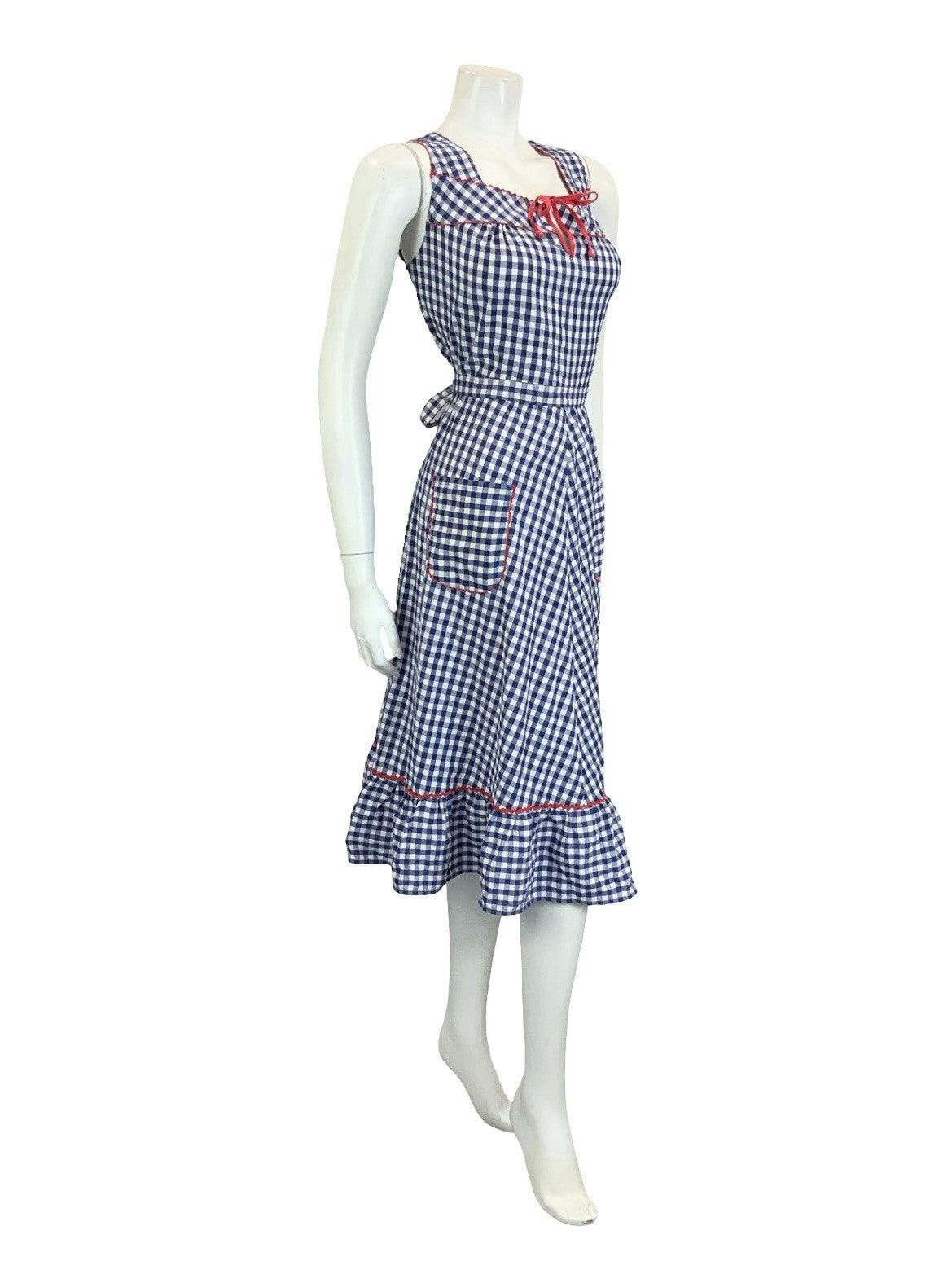 VTG 60S 70S NAVY BLUE WHITE RED GINGHAM COTTAGE KEYHOLE RUFFLE SUN DRESS 16