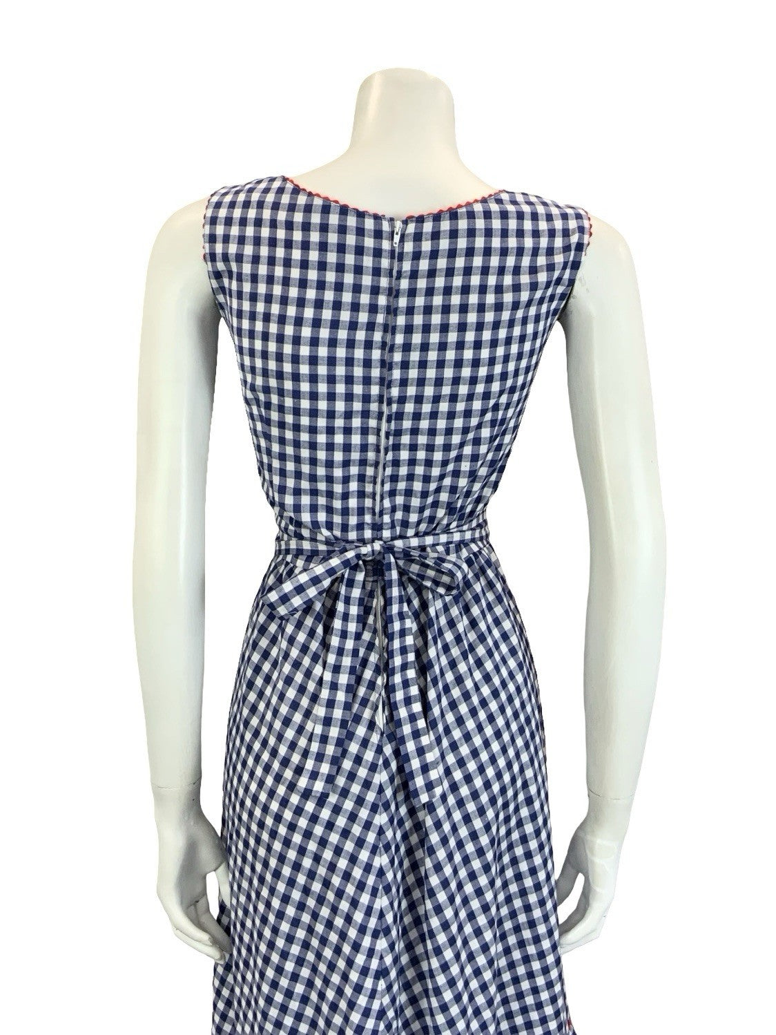 VTG 60S 70S NAVY BLUE WHITE RED GINGHAM COTTAGE KEYHOLE RUFFLE SUN DRESS 16