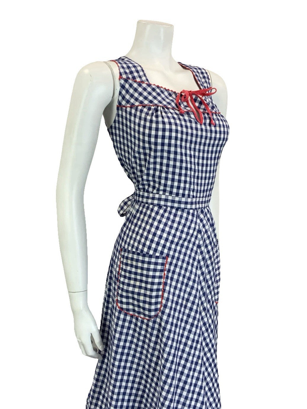 VTG 60S 70S NAVY BLUE WHITE RED GINGHAM COTTAGE KEYHOLE RUFFLE SUN DRESS 16