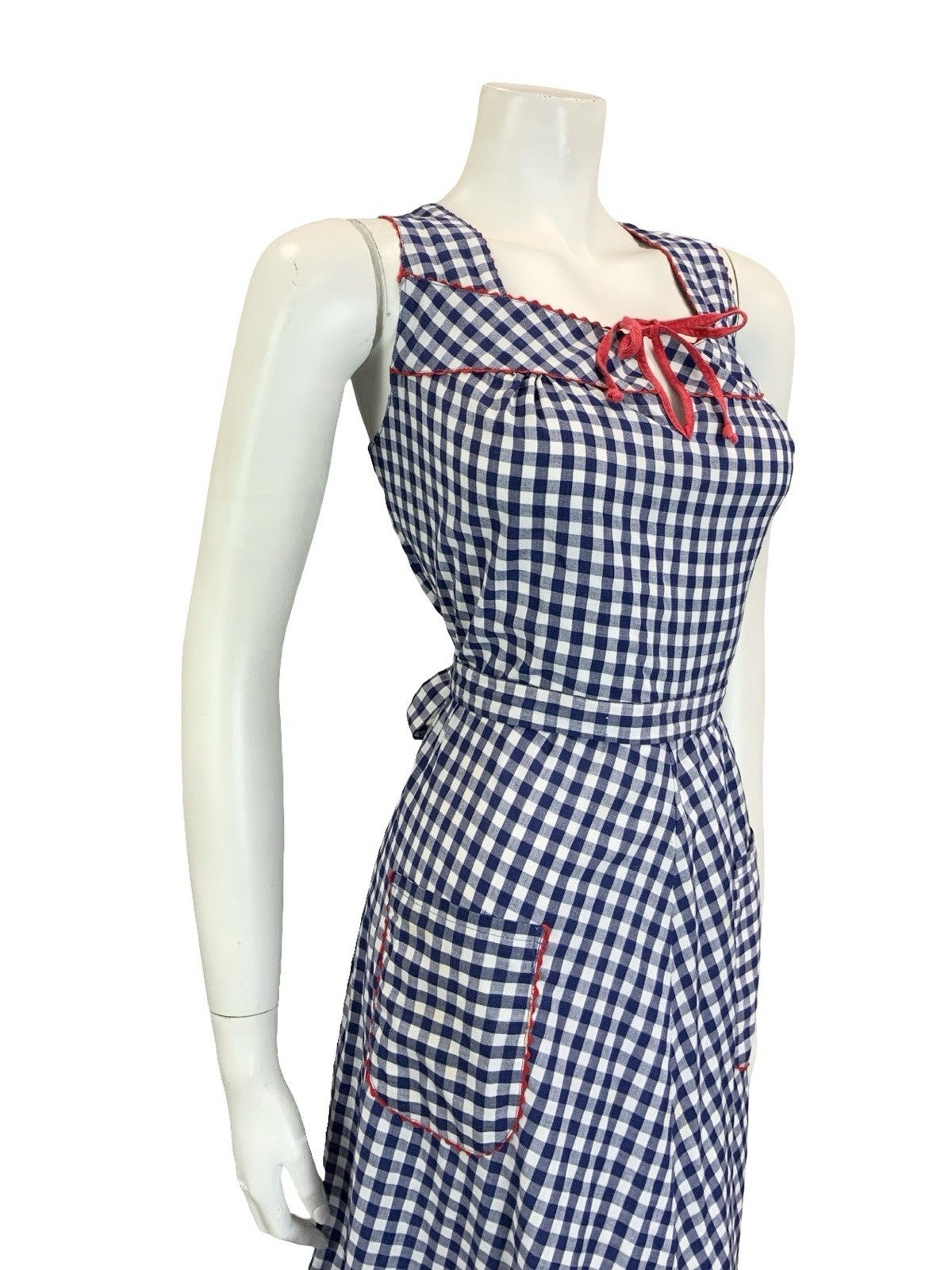 VTG 60S 70S NAVY BLUE WHITE RED GINGHAM COTTAGE KEYHOLE RUFFLE SUN DRESS 16