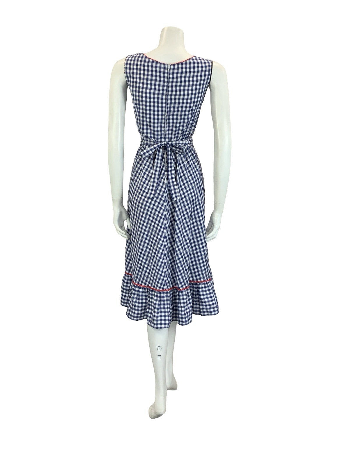 VTG 60S 70S NAVY BLUE WHITE RED GINGHAM COTTAGE KEYHOLE RUFFLE SUN DRESS 16