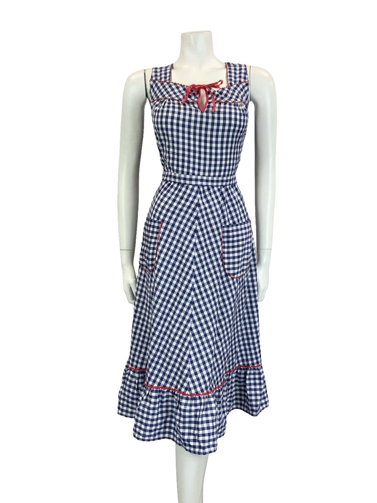 VTG 60S 70S NAVY BLUE WHITE RED GINGHAM COTTAGE KEYHOLE RUFFLE SUN DRESS 16