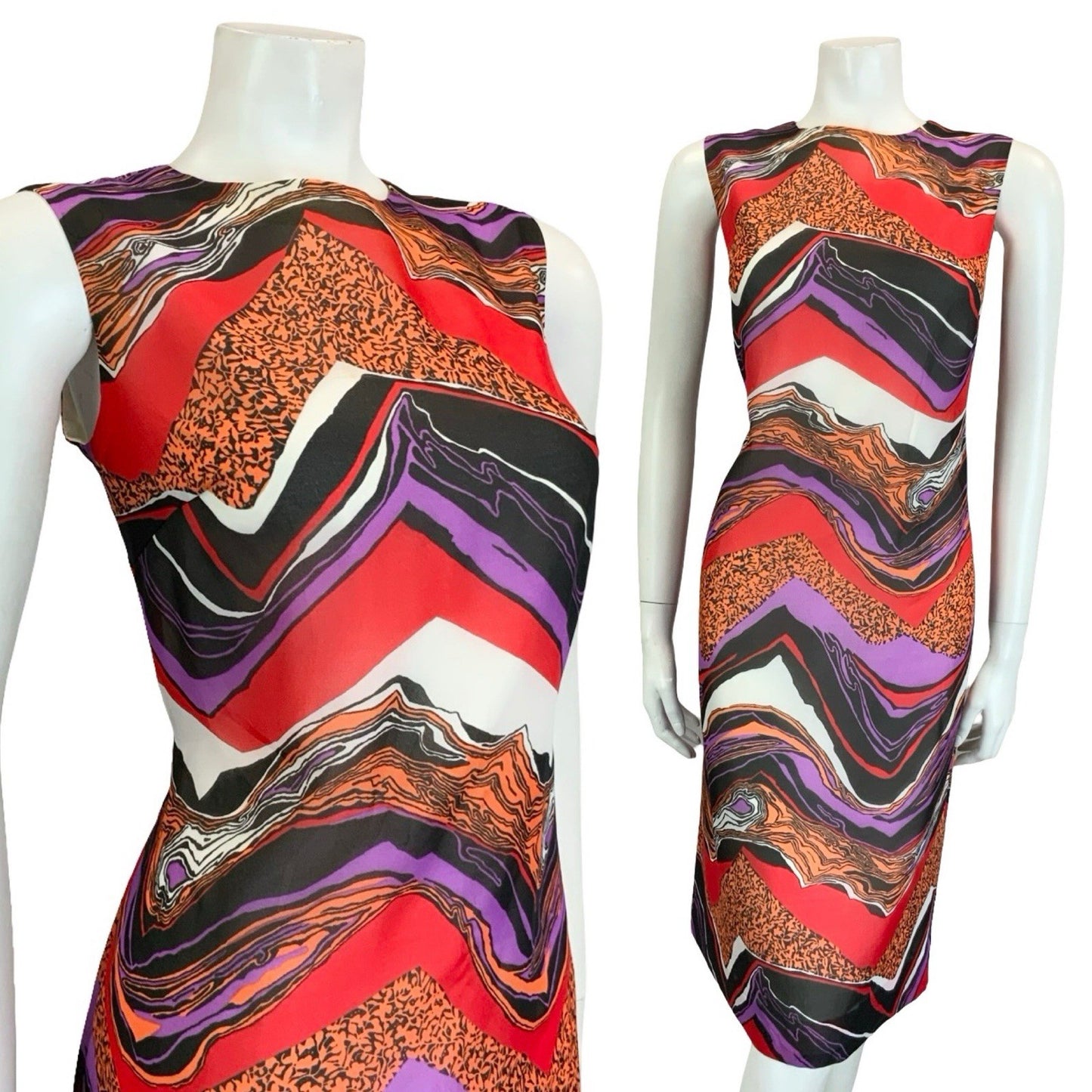 VTG 60S 70S BLACK RED PURPLE ORANGE WHITE PSYCHEDELIC CHEVRON SHIFT DRESS 12