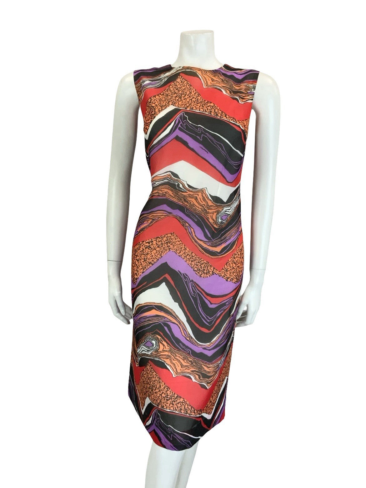 VTG 60S 70S BLACK RED PURPLE ORANGE WHITE PSYCHEDELIC CHEVRON SHIFT DRESS 12