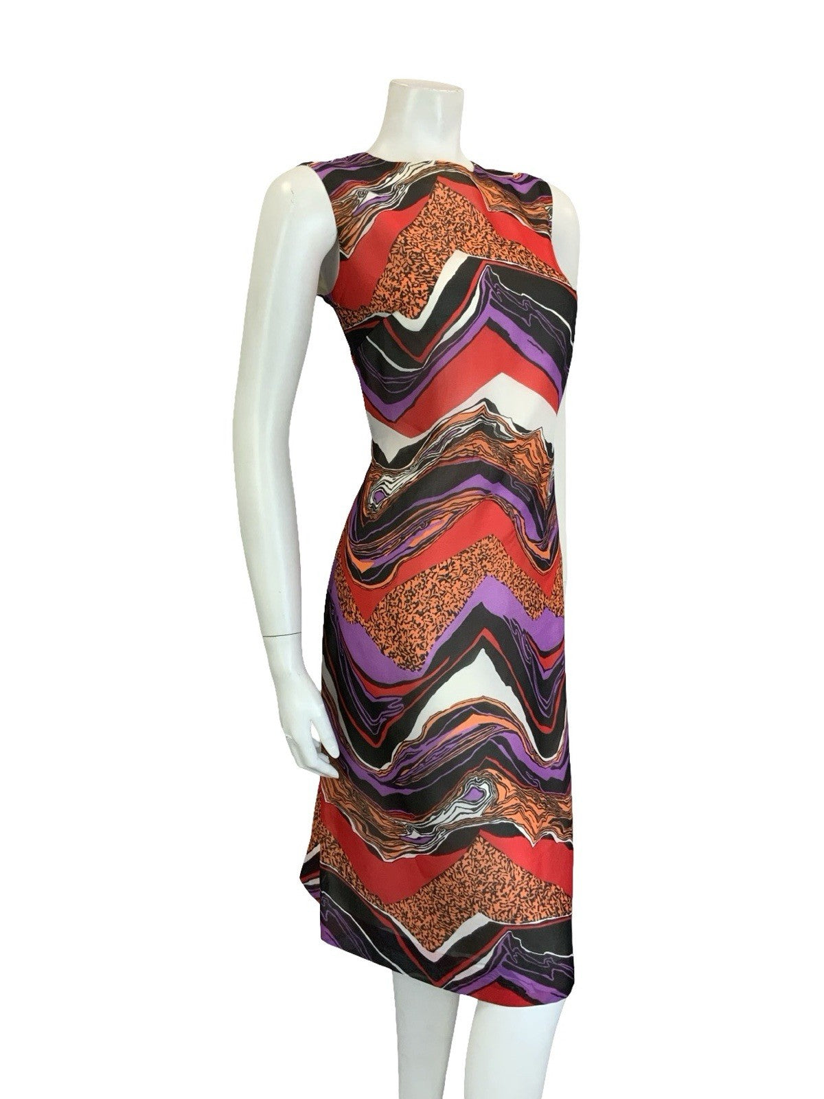 VTG 60S 70S BLACK RED PURPLE ORANGE WHITE PSYCHEDELIC CHEVRON SHIFT DRESS 12