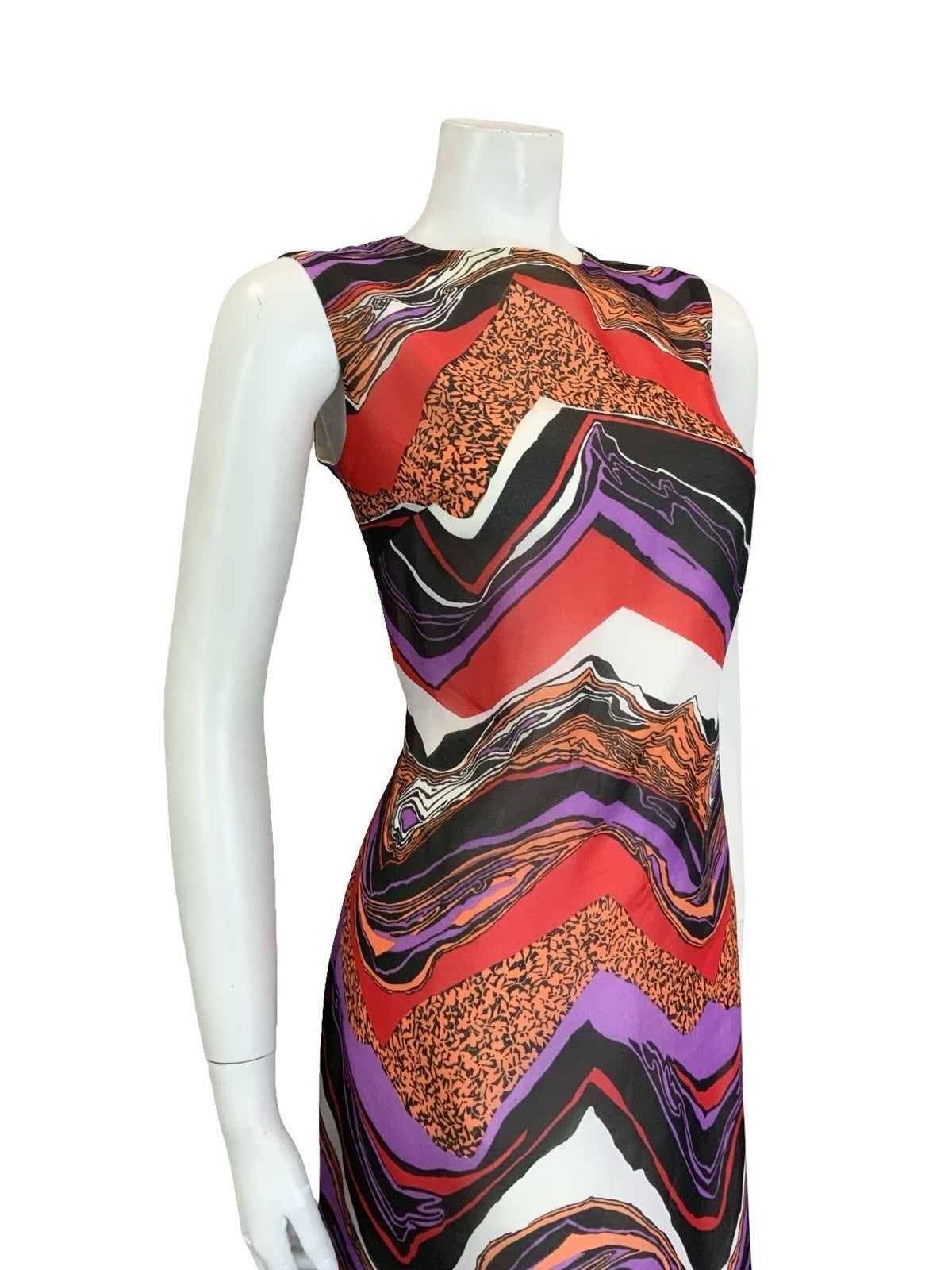 VTG 60S 70S BLACK RED PURPLE ORANGE WHITE PSYCHEDELIC CHEVRON SHIFT DRESS 12