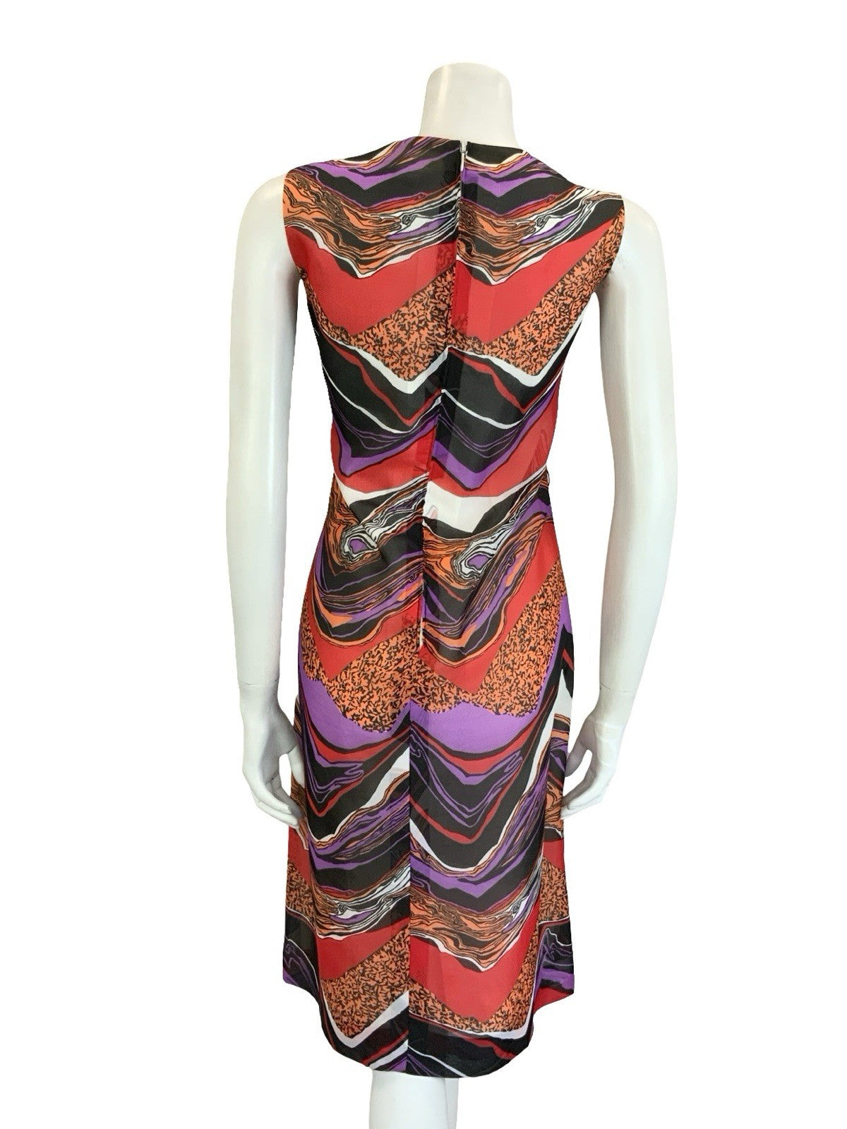 VTG 60S 70S BLACK RED PURPLE ORANGE WHITE PSYCHEDELIC CHEVRON SHIFT DRESS 12