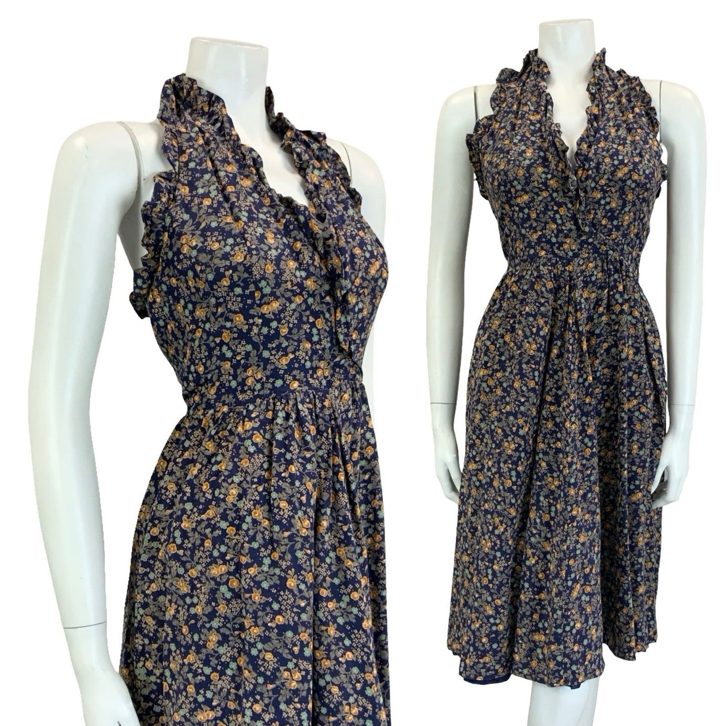 VTG 60S 70S NAVY BLUE GREEN ORANGE FLORAL RUFFLE HALTER NECK MIDI DRESS 4 6