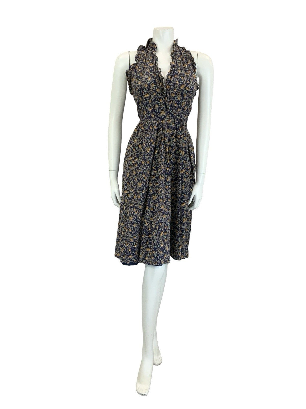 VTG 60S 70S NAVY BLUE GREEN ORANGE FLORAL RUFFLE HALTER NECK MIDI DRESS 4 6